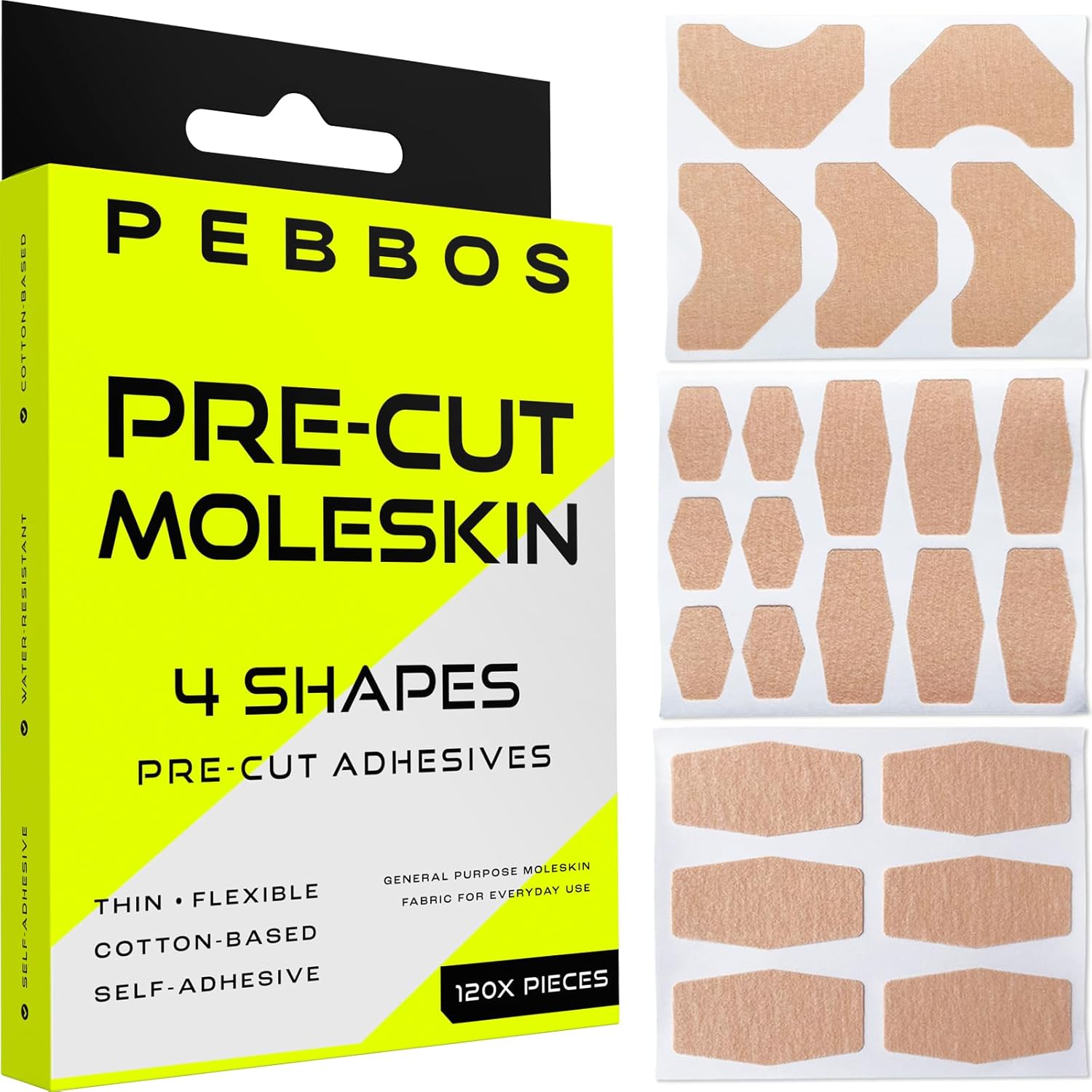Moleskin Adhesive Shapes – 120 Pre-Cut Pieces – 4 Sizes – Cotton Fabric Shapes | Thin, Flexible & Water-Resistant
