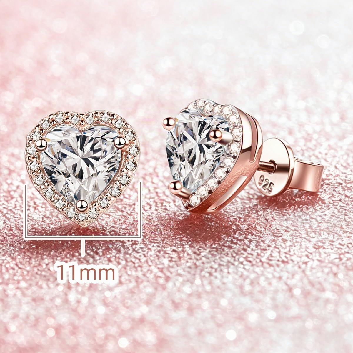 FEIKFEIZ Orecchini da donna con Moissanite a forma di cuore da 1CT, coltivati in laboratorio, 925 argento con placcatura in oro rosa 18K, orecchini a lobo, regalo di gioielli.