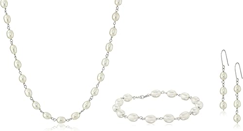 Conjunto de joyas de plata de ley y perlas cultivadas de agua dulce blanca, collar y pendientes, Perla, Perla