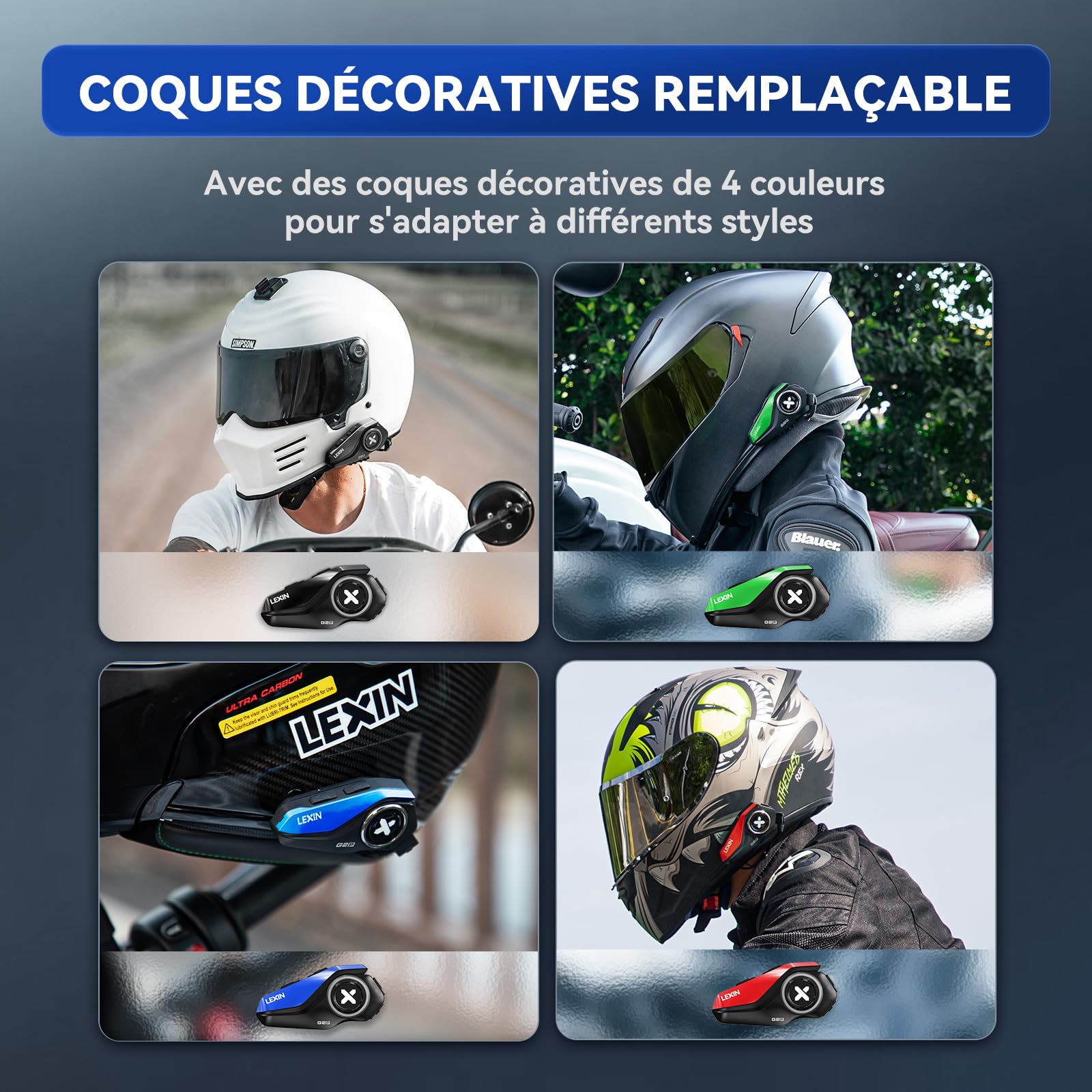 LEXIN G2P Intercom Moto Bluetooth avec 4 Coques Remplaçable, Communication Système, Réduction de Bruit, Kit Main Libre Moto, Oreillette Bluetooth pour Motocyclette/ATV/Vélo