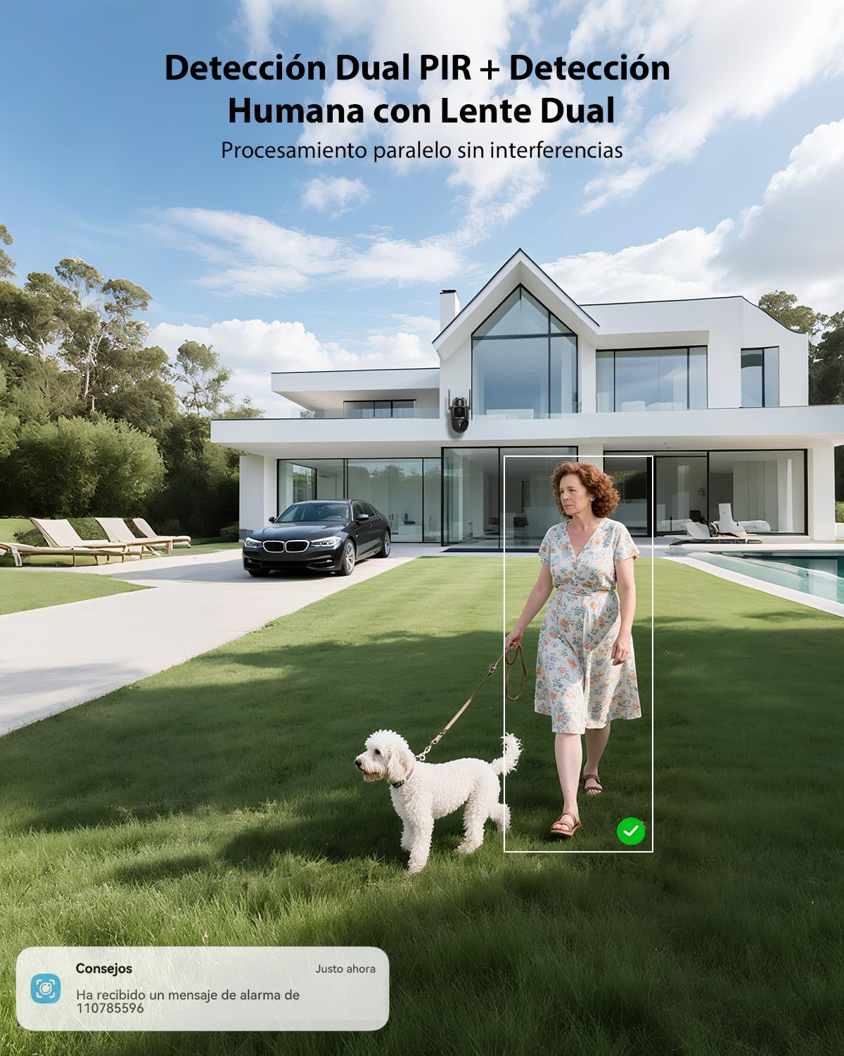 COCOCAM 2K Camara Vigilancia WiFi Exterior Solar Doble PIR Lente | Doble AI Humana Detección, Batería 10000mAh, Panel Solar 6W, Visión Nocturna Color, 355°P 90°T, IP66, Solo 2.4G WiFi