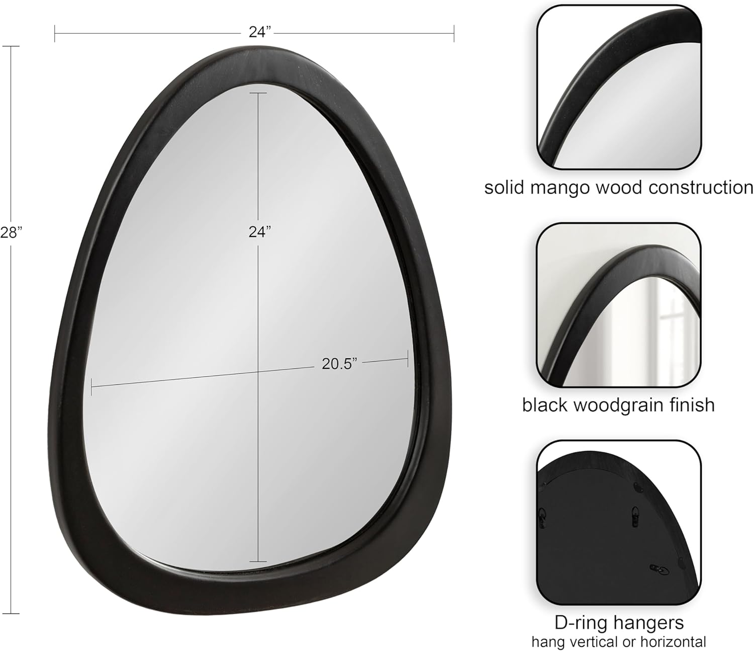 Kate and Laurel McKinder Mid-Century Asymmetrical Wood Wall Mirror; 24 x 28; Black; Decorative Geometric Irregular Mirror with Robust Wooden Frame and Mid-Century Mirror Look