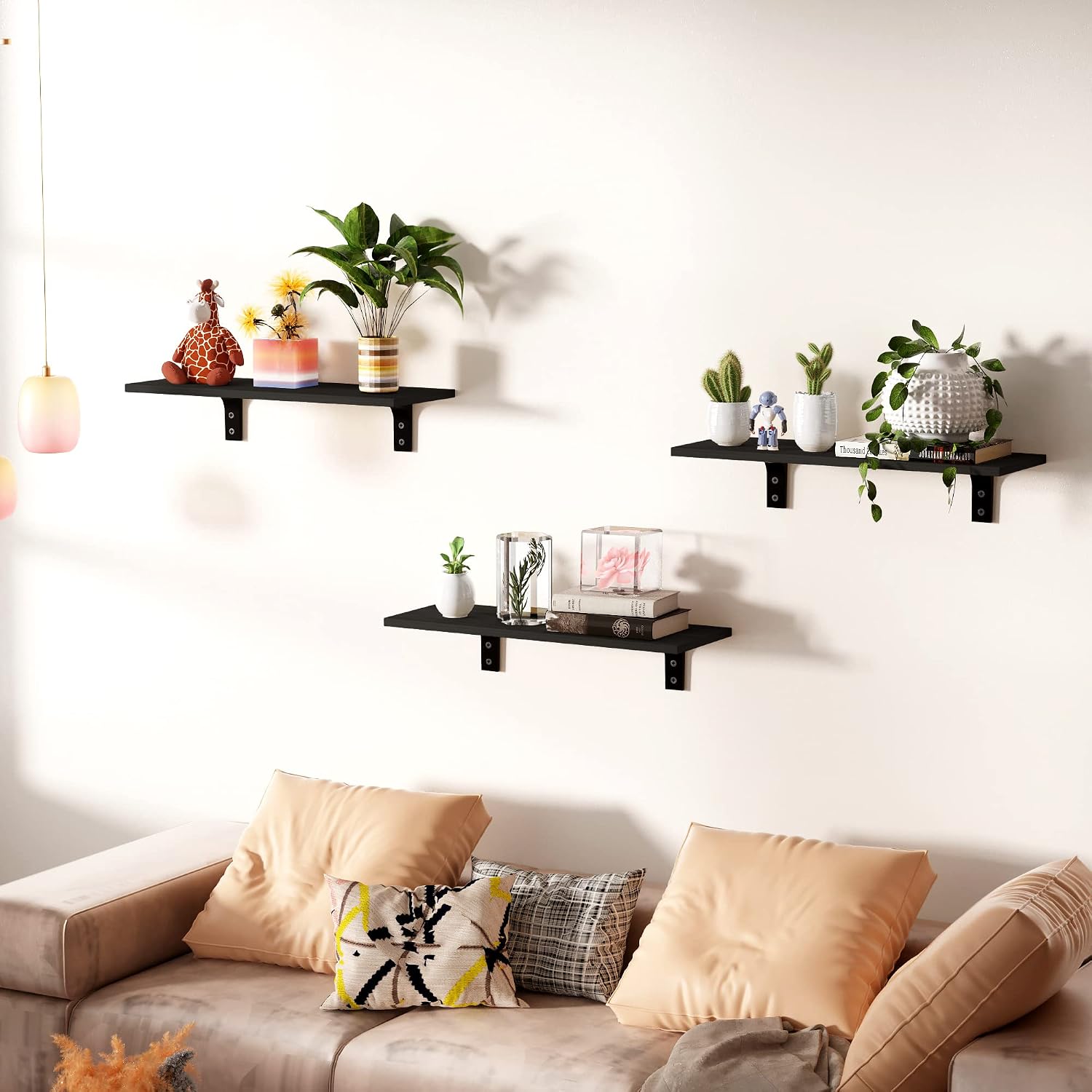 upsimples Floating Shelves for Wall Décor Storage, Wall Mounted Shelves Set of 5, Sturdy Wood Floating Shelves with Metal Brackets for Bedroom, Living Room, Bathroom, Over Toilet, Kitchen, Black