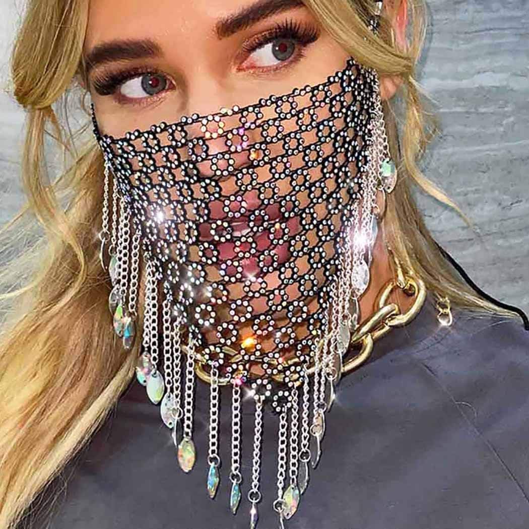 Woeoe Sparkly Rhinestone Mesh Masks Black Crystal Tassel