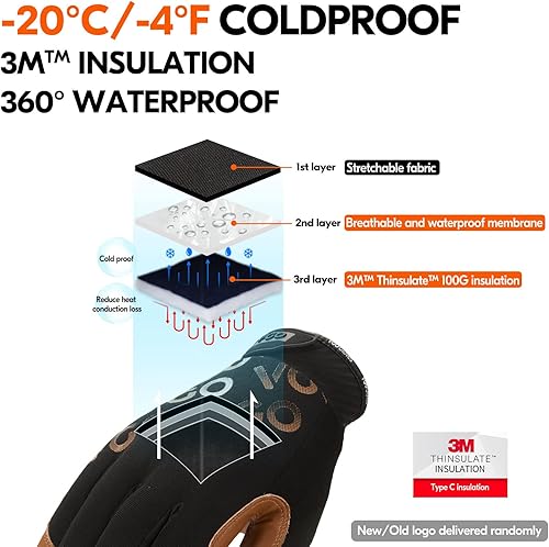 Vista 43 de Vgo - 2 pares de guantes de trabajo impermeables, resistentes al frío (-4 ℉/-20 ℃ o más), piel de cabra, antiabrasión, alta destreza, aislamiento