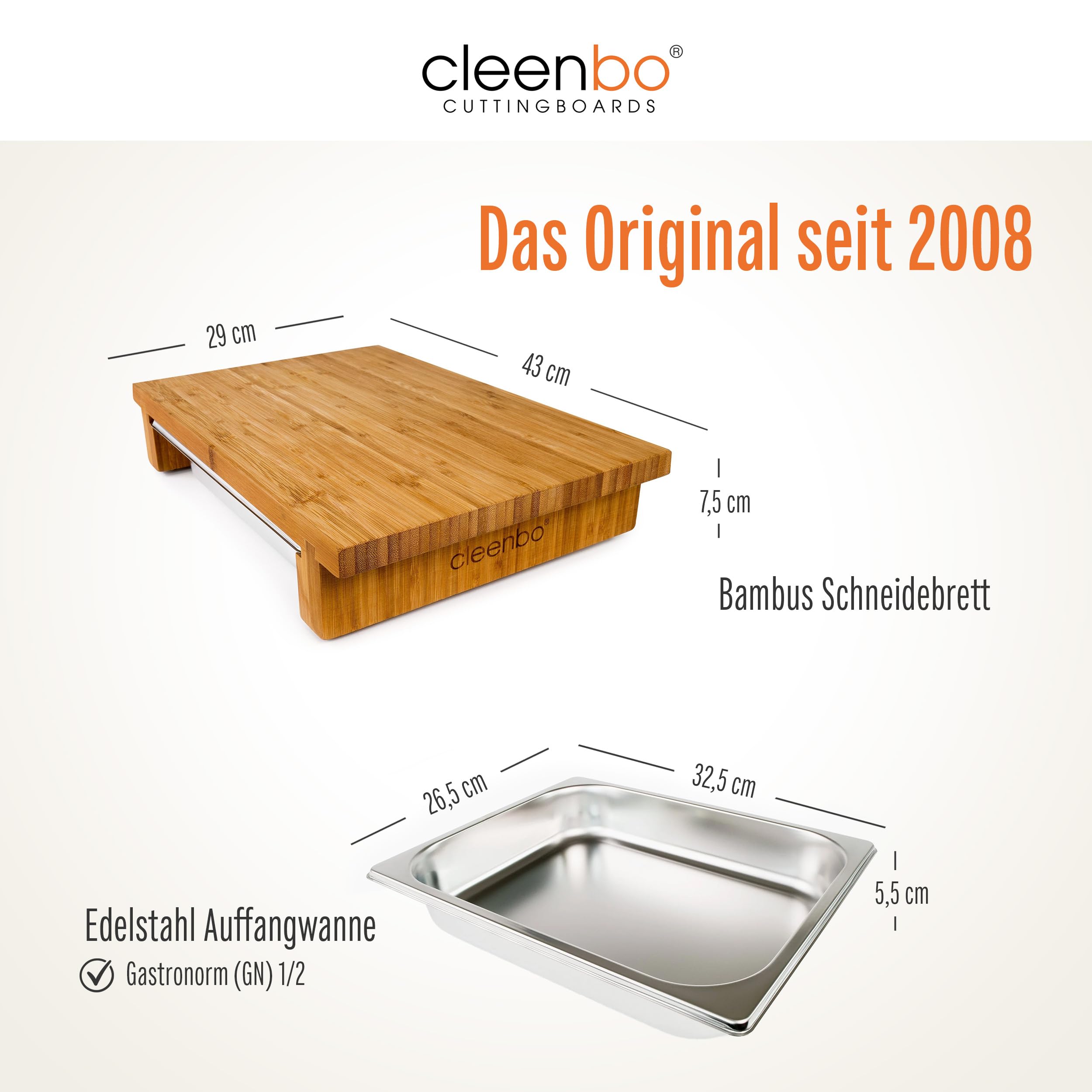 Schneidbrett mit Auffangschale "Classic bamboo GN" Profi Holz Küchenbrett aus geöltem Bambus, Schneidebrett mit Gastro Auffangbehälter (Edelstahl Schublade) Bambusbrett Maße: 43 x 29 x 7,5 cm
