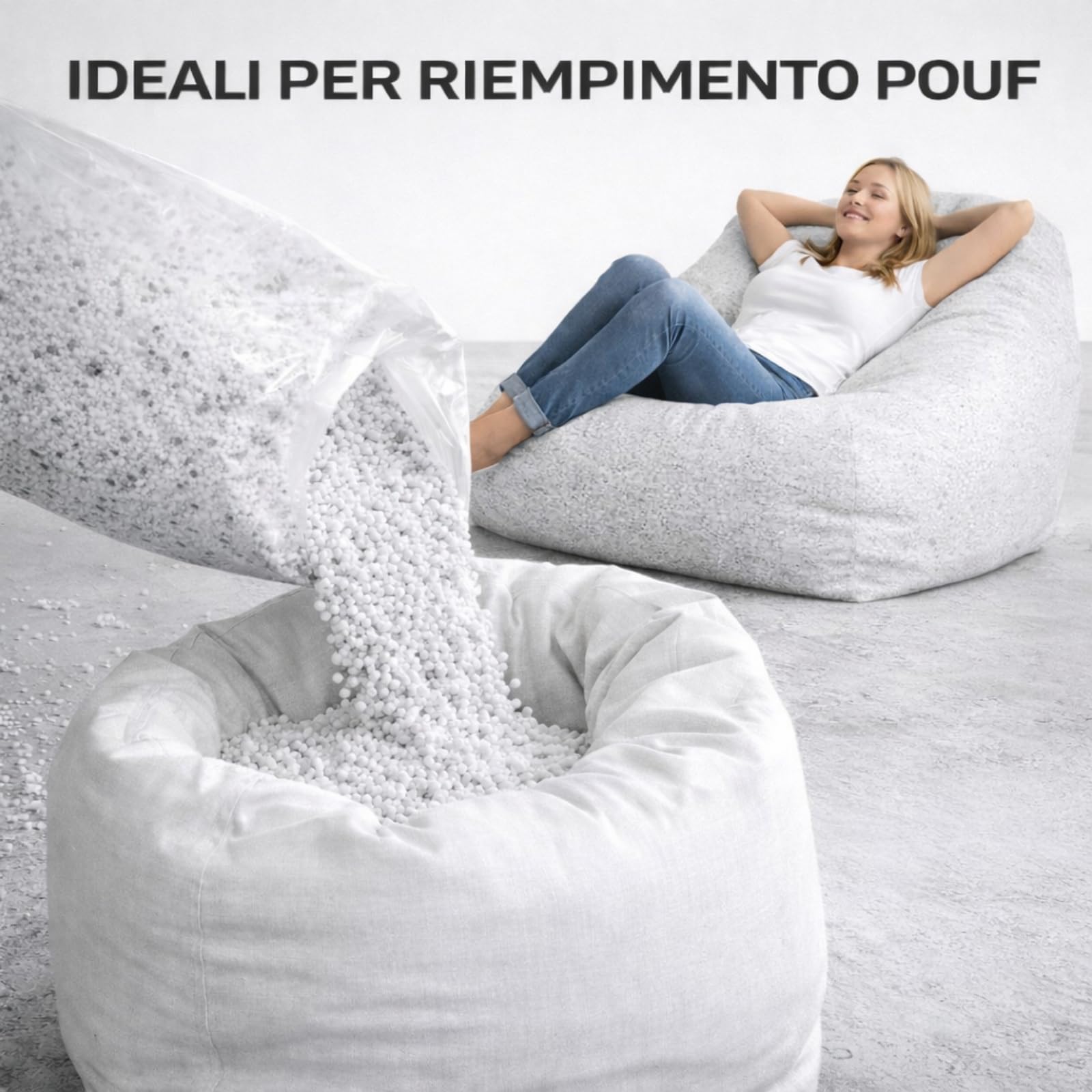 Perle di Polistirolo EPS 1000 Litri, Granuli Polistirene Espanso per Massetti Alleggeriti, Riempimento Pouf, Poltrone a Sacco e Cuscini, Palline per Imbottitura, Isolamento 2-8 mm