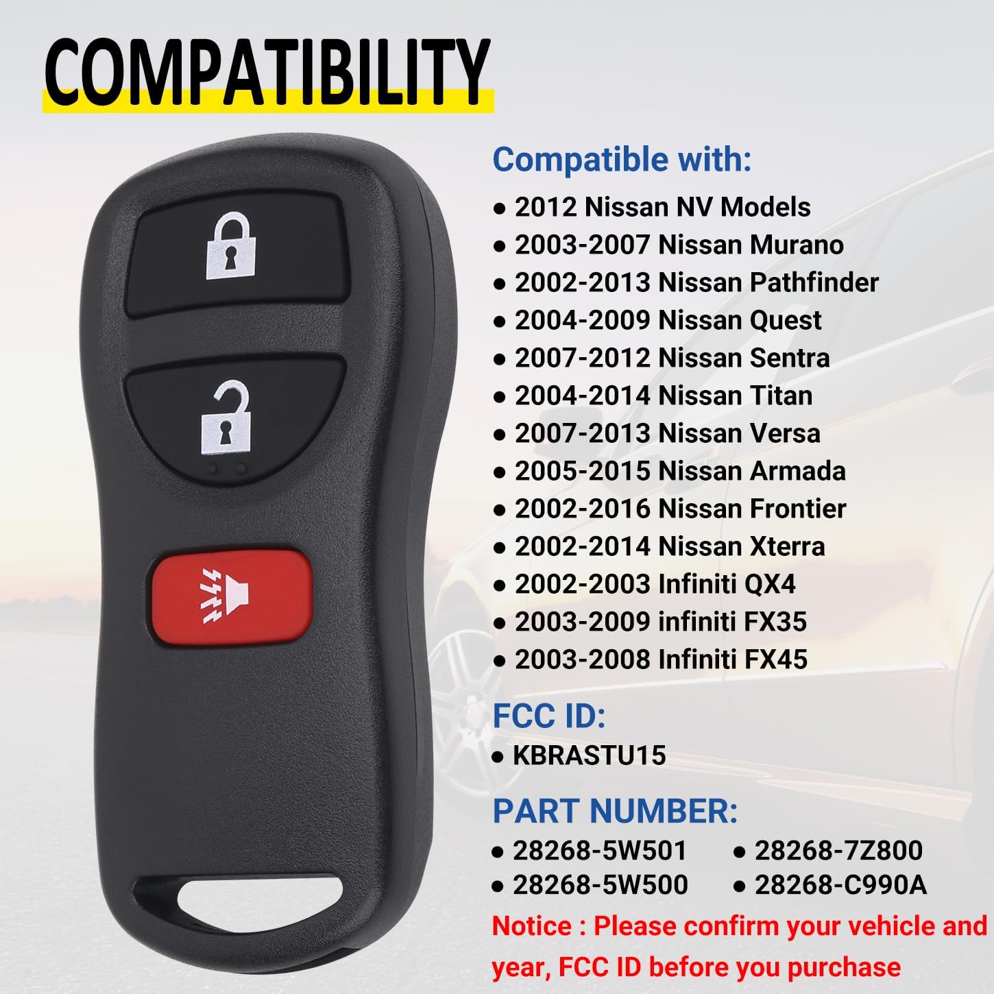 Vurkcy Keyless Entry Remote Key Fob Compatible with Infiniti FX35 FX45 QX4, Armada Pathfinder Frontier Murano Titan Quest Xterra Sentra, Replacement for KBRASTU15 (Single)
