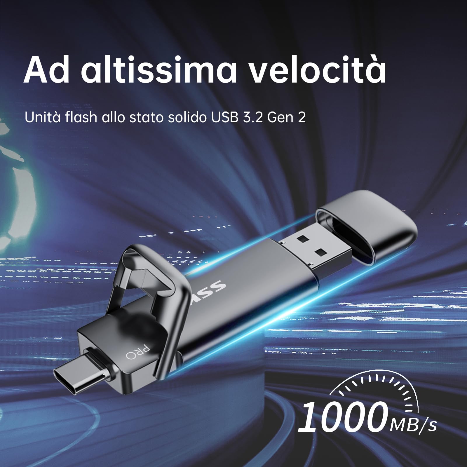 SSK SSD esterno portatile da 1TB Dual USB 3.2 Gen 2 Unità a stato solido fino a 1000MB/s in lettura, adattatore USB A + tipo C 2 in 1 Disco rigido SSD da 1TB per laptop, tablet e altro