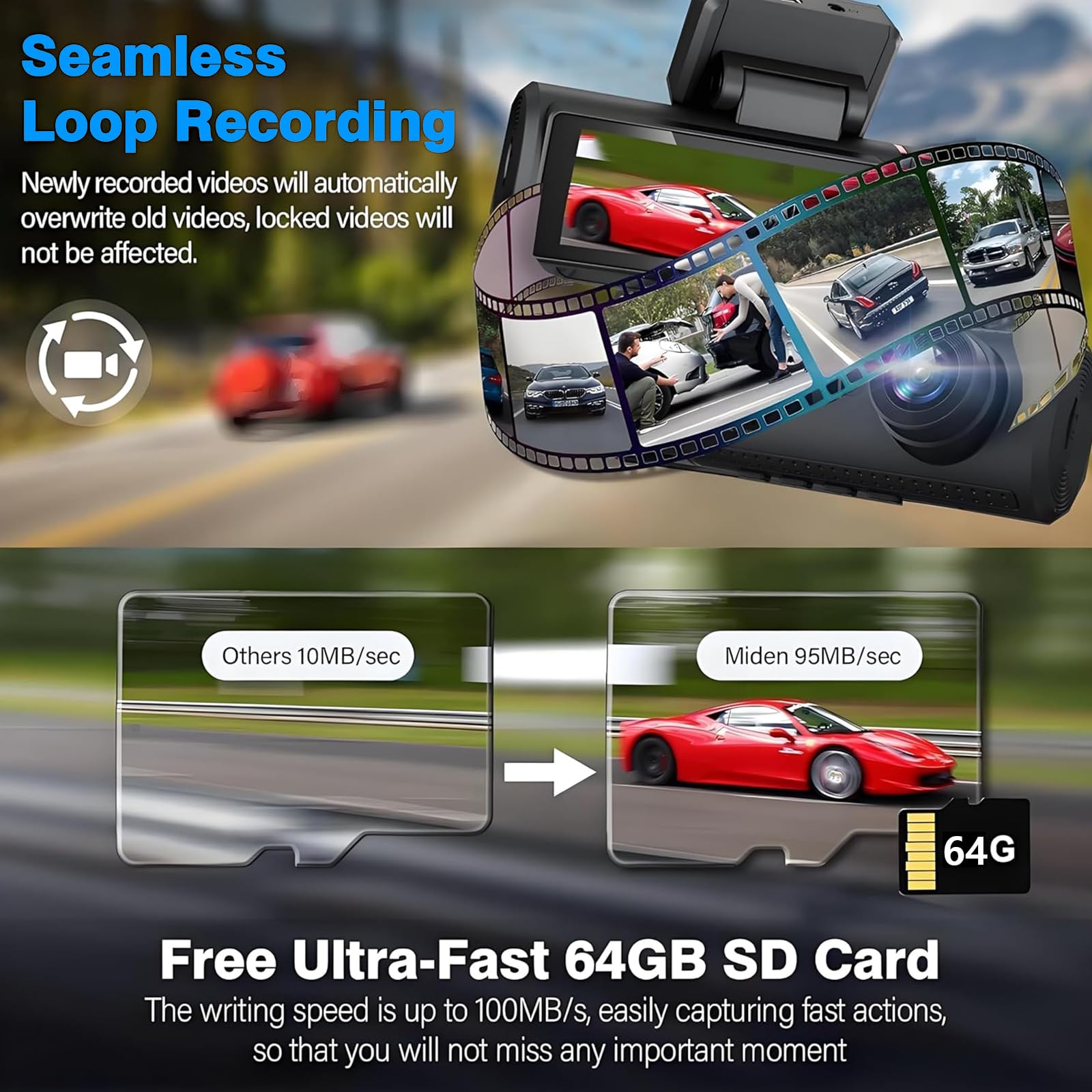 Kamera samochodowa WiFi 4K, 4K+1080P przednia i tylna