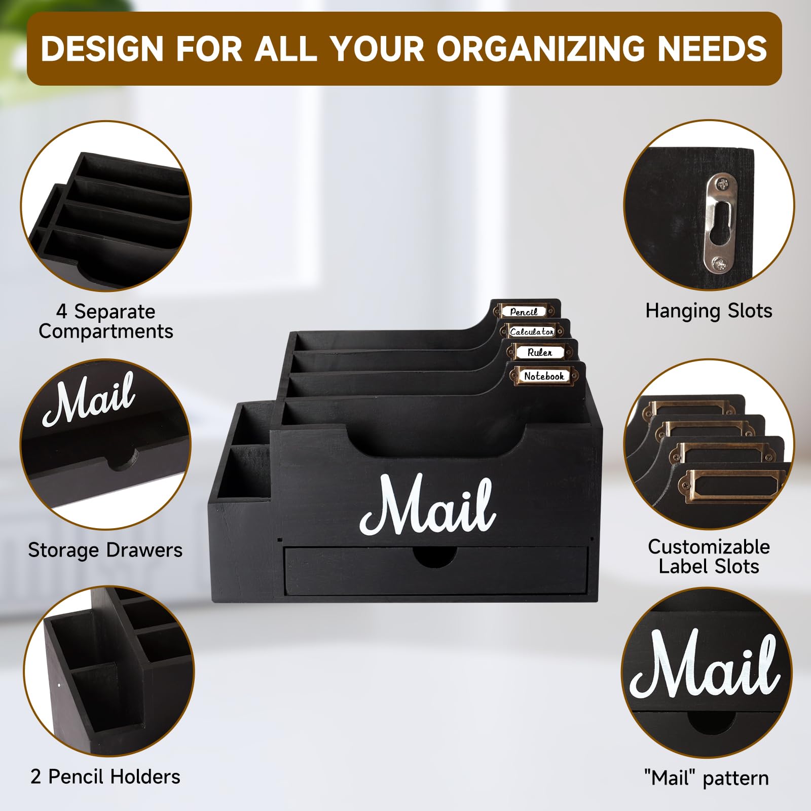 Organizzatore di Posta da Scrivania in Legno con 6 scomparti e cassetto, Organizzatore per Cartelle di Carta e Lettere, Organizer per Cartelle per Scrivania per Lettere Cancelleria, Nero
