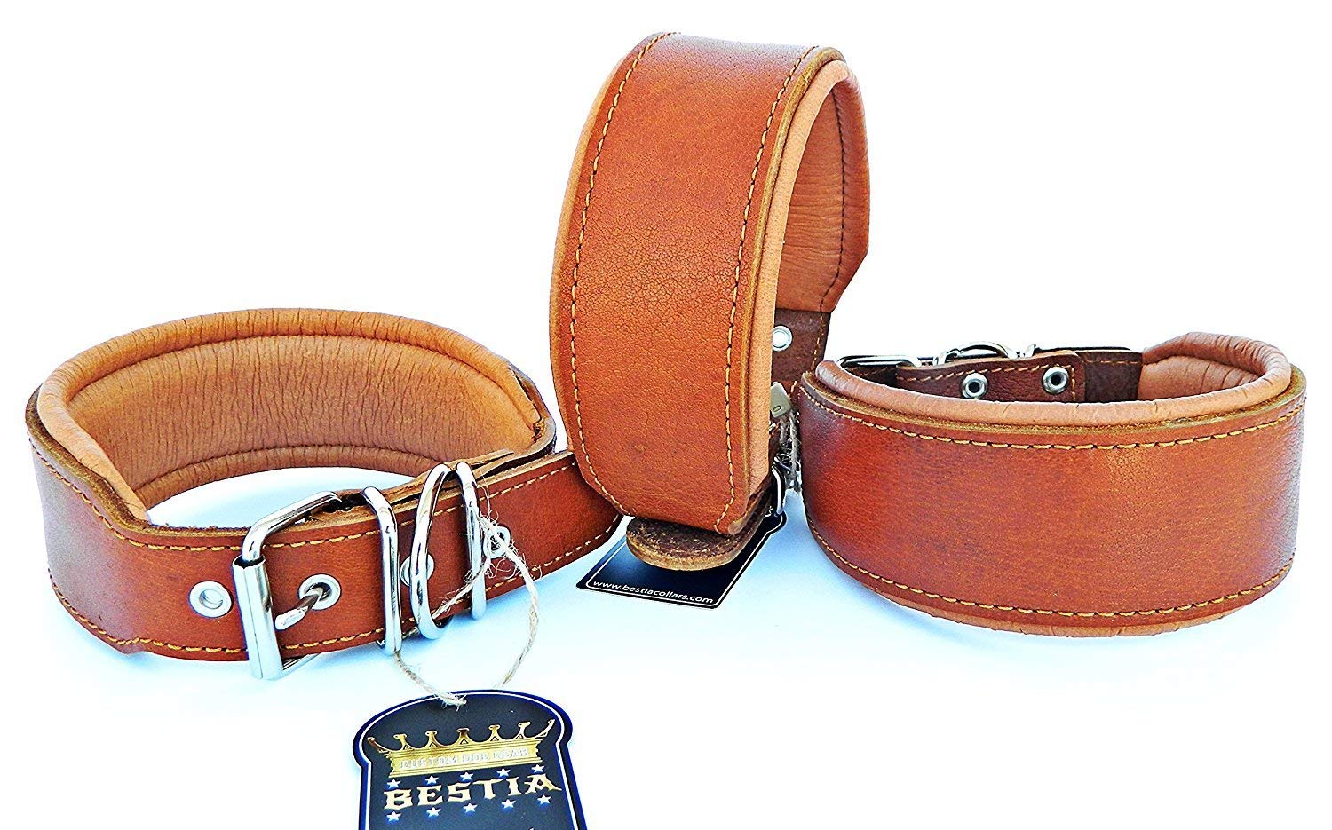 Bestia Echtleder Hundehalsband mit weicher Leder Innenpolsterung. 6,5 cm breit. Passfit. 100% Echtleder. komplett braun. Größen M, L, XL, XXL