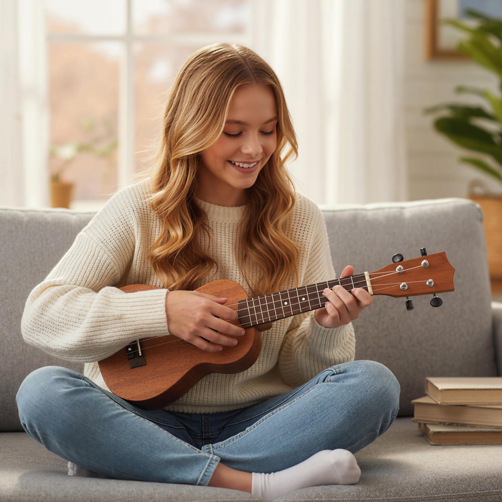COSTWAY Ukelele de 21 Pulgadas para Principiantes, Ukelele Soprano de Madera de Caoba con Funda, Púa, Correa Ajustable y Cuerdas de Nylon Extra, Guitarra de de 4 Cuerdas para Niños, Natural