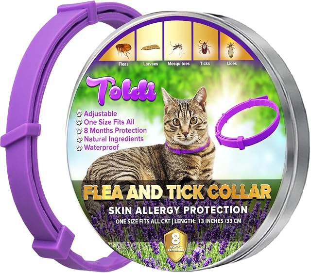 Flea Treatment Cat, Adjustable Flea Collar for Cats Small-Medium-Large, 8 Months Protection Lice & Tick Remover for Cats, Waterproof Cat Flea Treatment Spot On, Allergy Free | Cat Flea (Purple) Toldi