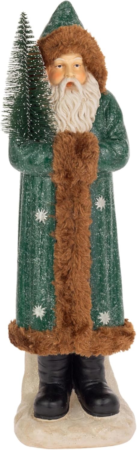 Boston International Christmas Santa Claus Statue Figurines for Tabletop Mantel Shelf Winter Holiday Decorations for Home, 14", Dark Green Hooded Saint Nick
