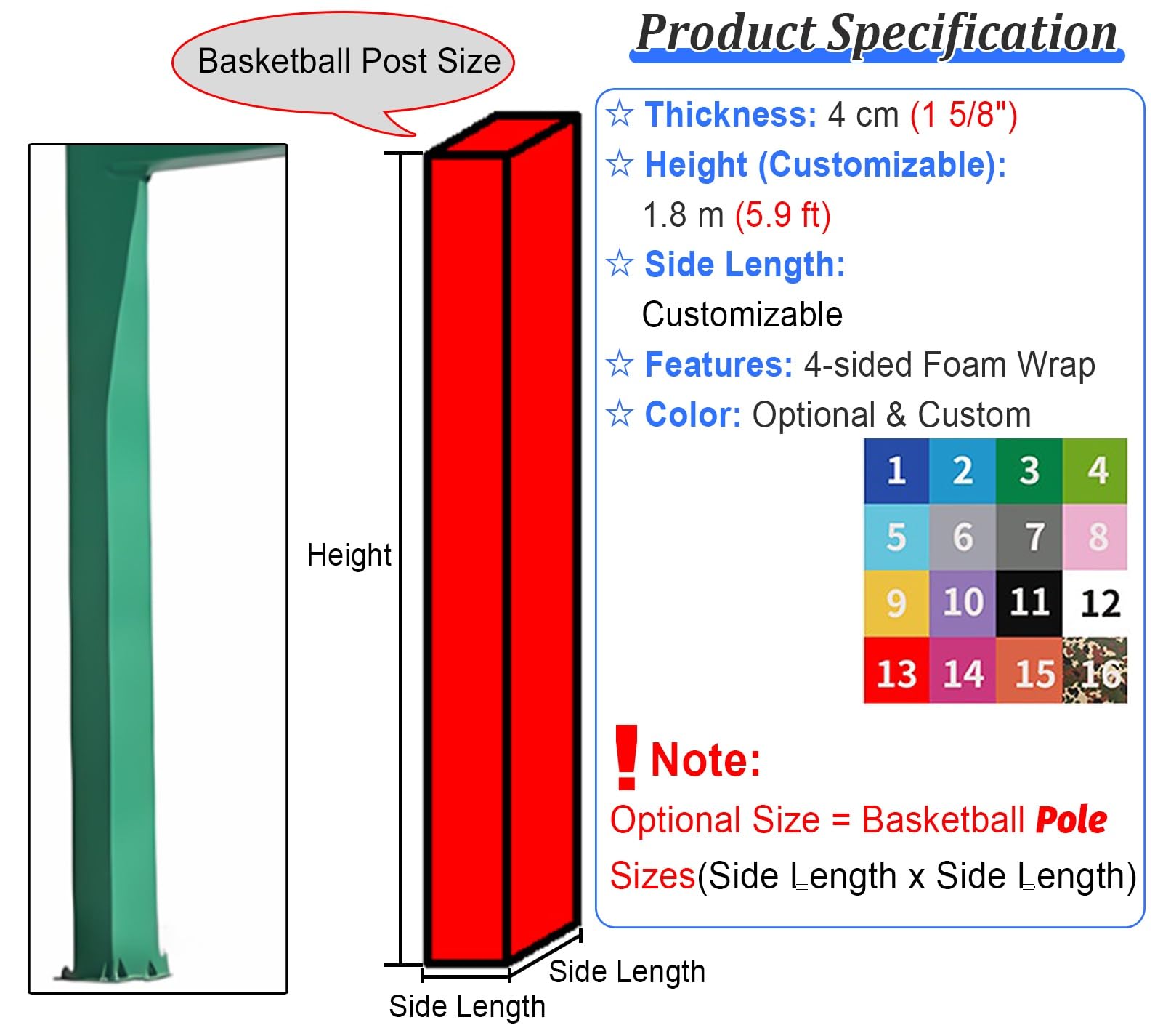 Imbottitura per Palo da Basket Protezione, Resistente alle Intemperie, Cuscinetti di Sicurezza per Giocatori, Cuscino Ammortizzante per Colonne (Blu, 10x10 cm)