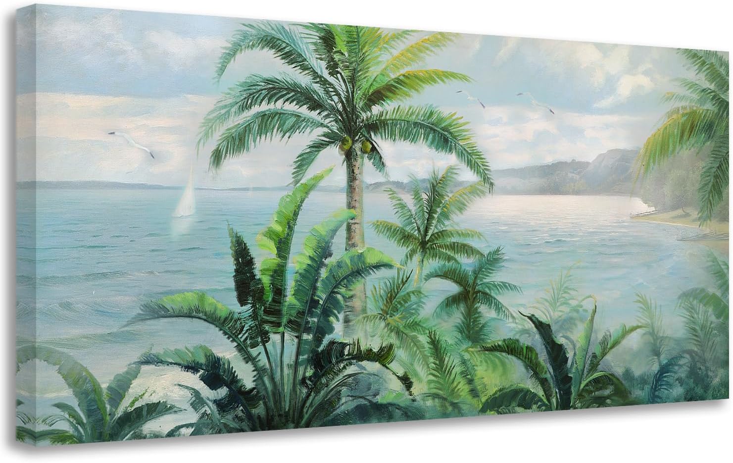 Anolyfi Palm Tree Picture Green Tropical Wall Art for Living Room Landscape Large Canvas Painting Nature Seascape Textured Artwork Framed Bedroom Kitchen Hallway Office Home Decor 40"x20"