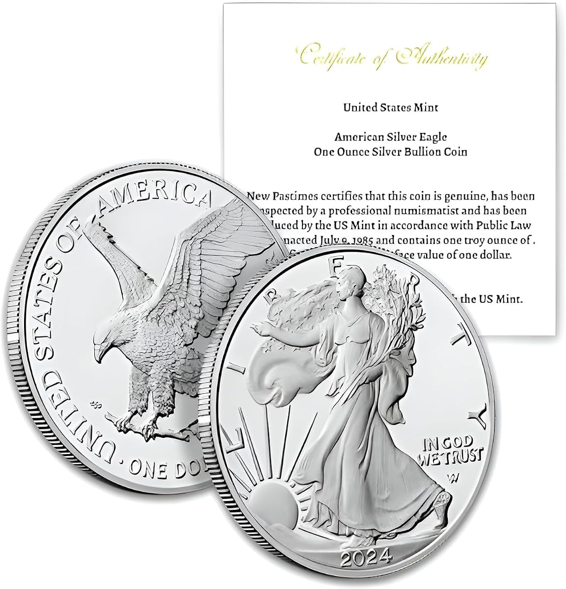 Moneda de lingotes Águila de plata americana de 2024-1 oz con nuestro certificado de autenticidad Vendedor de 1 dólar sin circular