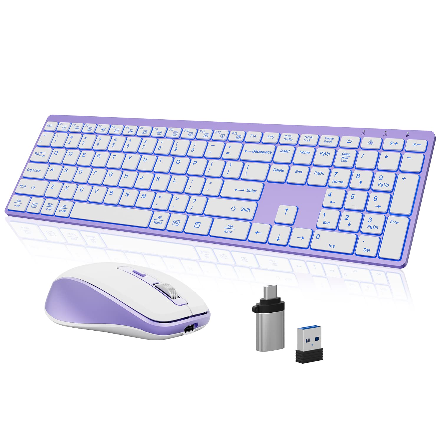 Earto Wireless Keyboard and Mouse, 7 Color Backlit, Type-C Rechargeable, Slim & Quiet, Jiggler Mouse, 2.4GHz Full-Size Keyboard for Mac, Windows, Laptop, PC, K637 Purple