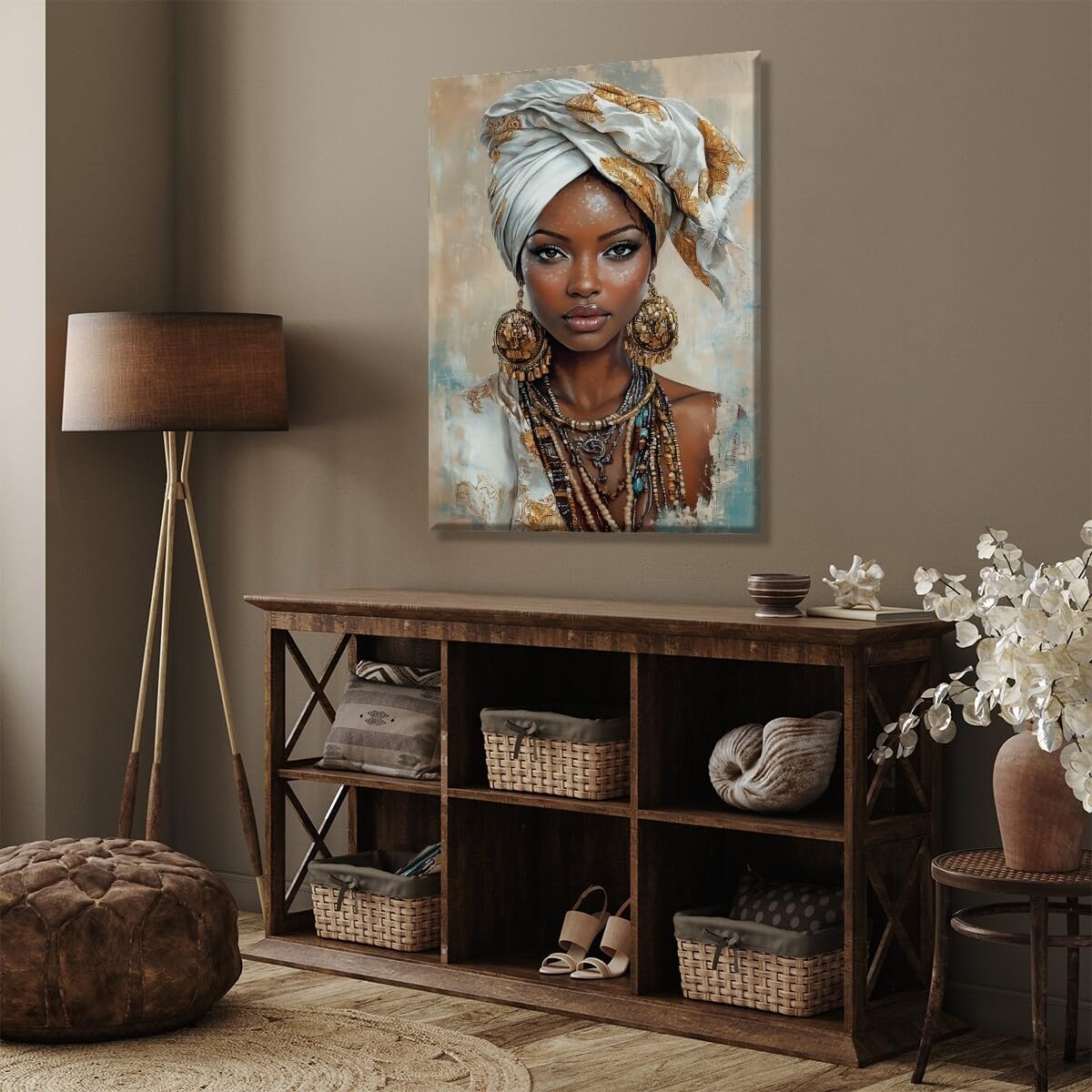 African Art Poster Black Girl Canvas Wall Art Black Woman Print Traditional Symbols Painting Inspirational Afrocentric Cultural Wall Decor for Living Room Office 24x36inch Framed