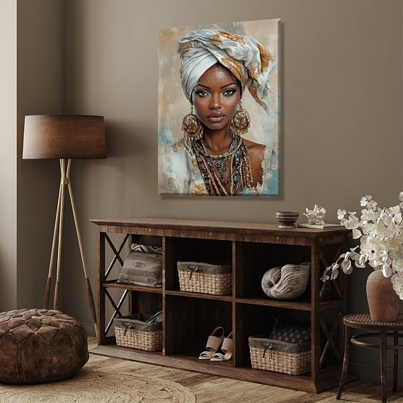 African Art Poster Black Girl Canvas Wall Art Black Woman Print Traditional Symbols Painting Inspirational Afrocentric Cultural Wall Decor for Living Room Office 8x12inch Unframed