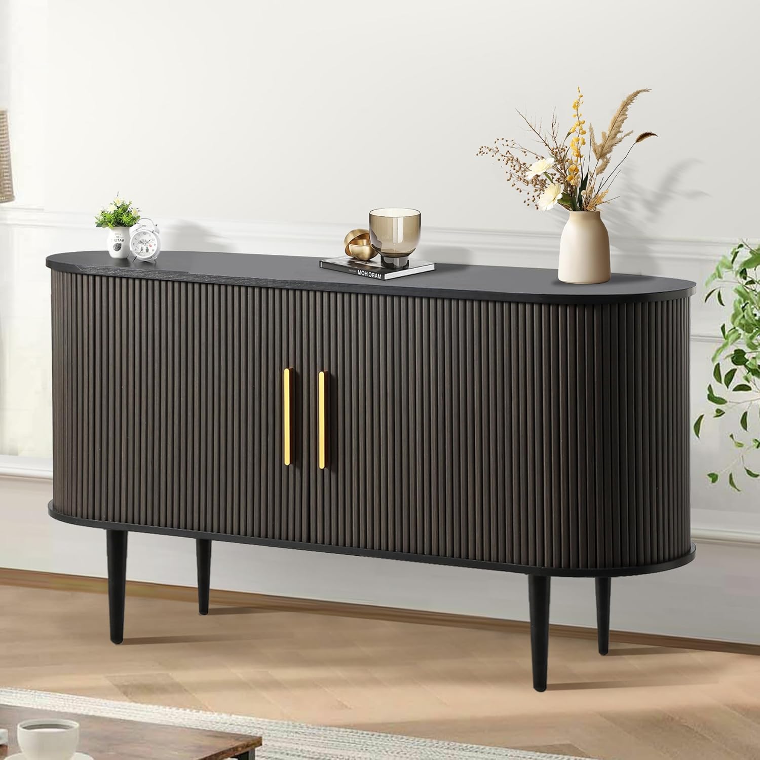 Fluted Buffet Cabinet, 55" Sideboard Tambour Buffer Cabient wtih Storage, Sliding Door, Mid Century Modern Console Table with Adjustable Shelf, Modern Accent Cabinet for Kitchen (Brown)