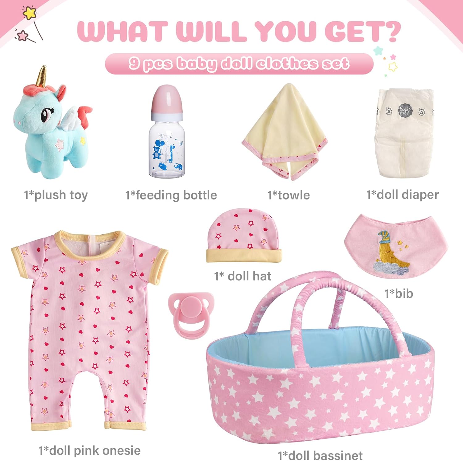 BABESIDE 9 Pcs Reborn Baby Doll Clothes with Bassinet for 17-22 Inch Baby Dolls, Baby Doll Clothes Outfit Accessories fit Baby Doll Girl