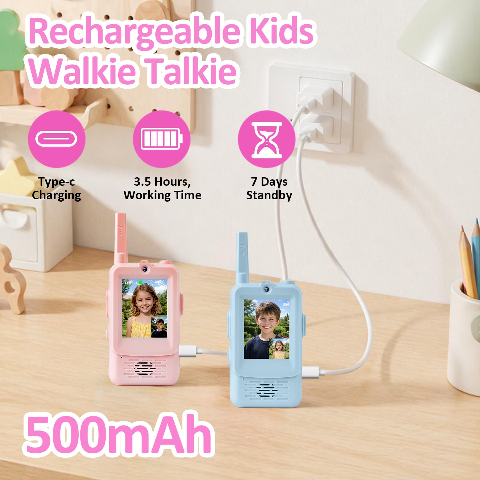 Kangtaixin HD Video Walkie Talkie Kinder, 2er Set Walkie Talkie Kinder Aufladbar, Geschenk Mädchen Junge 3 4 5 6 7 8 Jahre Spielzeug Junge und Mädchen, Walki Talki für Abenteuer im Freien (Blau+Rosa)