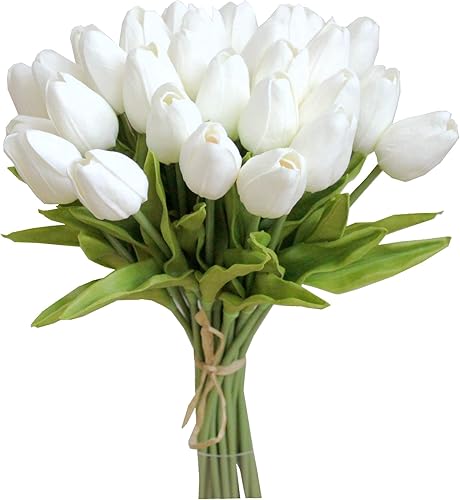 Miniatura 30 de Mandy's - 20 flores blancas artificiales de seda de tulipán artificial de 13.5 pulgadas para Año Nuevo, primavera, Día de la Madre, Pascua, Día