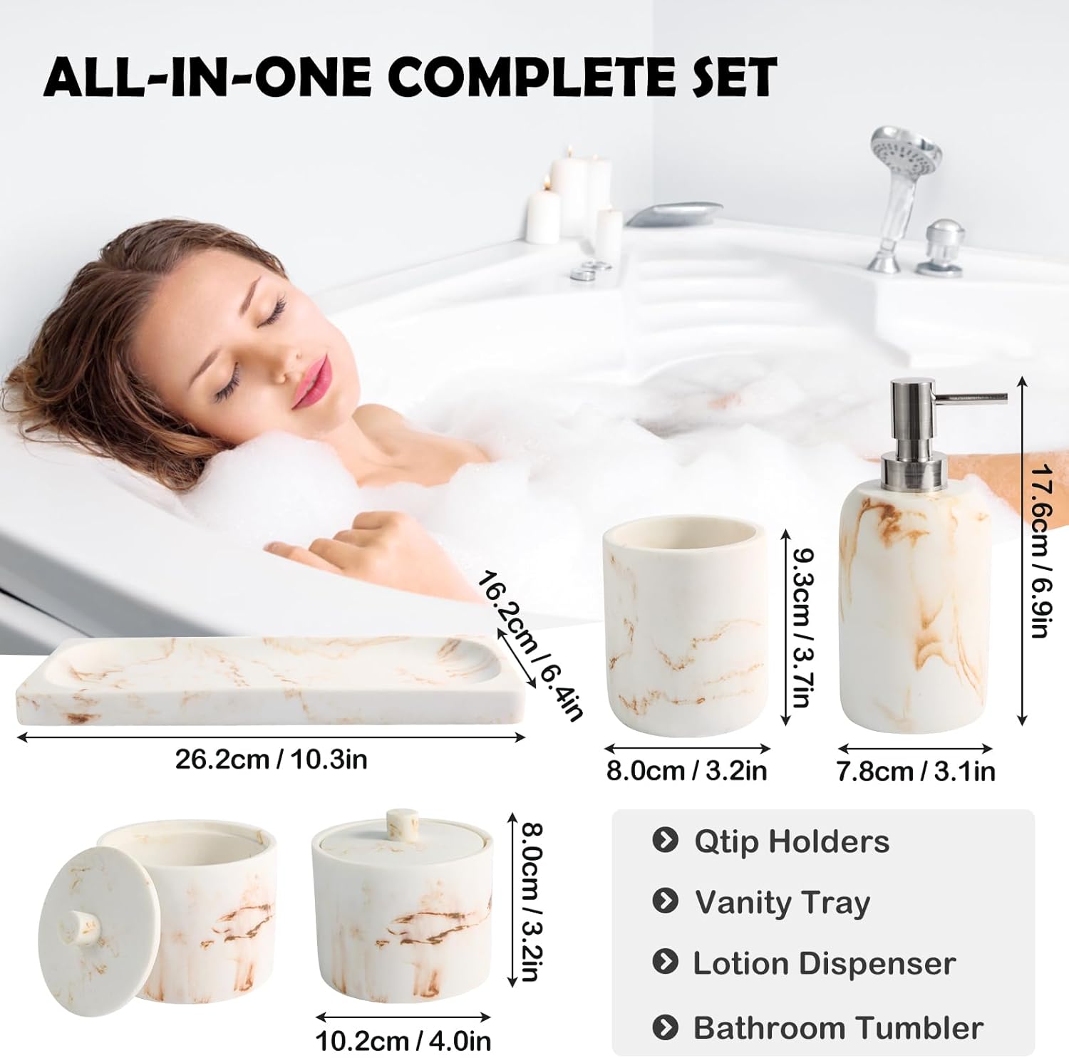 Marble Pattern Bathroom Accessory Sets,4 Pieces Resin Bathroom Accessories Complete Set - Lotion Dispenser,Tumbler,Q-tip Holder and Vanity Tray(Classic Beige Marble)