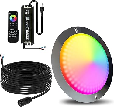 مصابيح حمام السباحة LED Goldlife P11 لحمام السباحة الأرضي، سلك 120 وات 120 فولت/11 بوصة/50 قدمًا/فولاذ مقاوم للصدأ/مع وصلة قابلة للتكيف/وحدة تحكم ومحول 2 في 1 مقاوم للماء، جهاز تحكم عن بعد وتطبيق