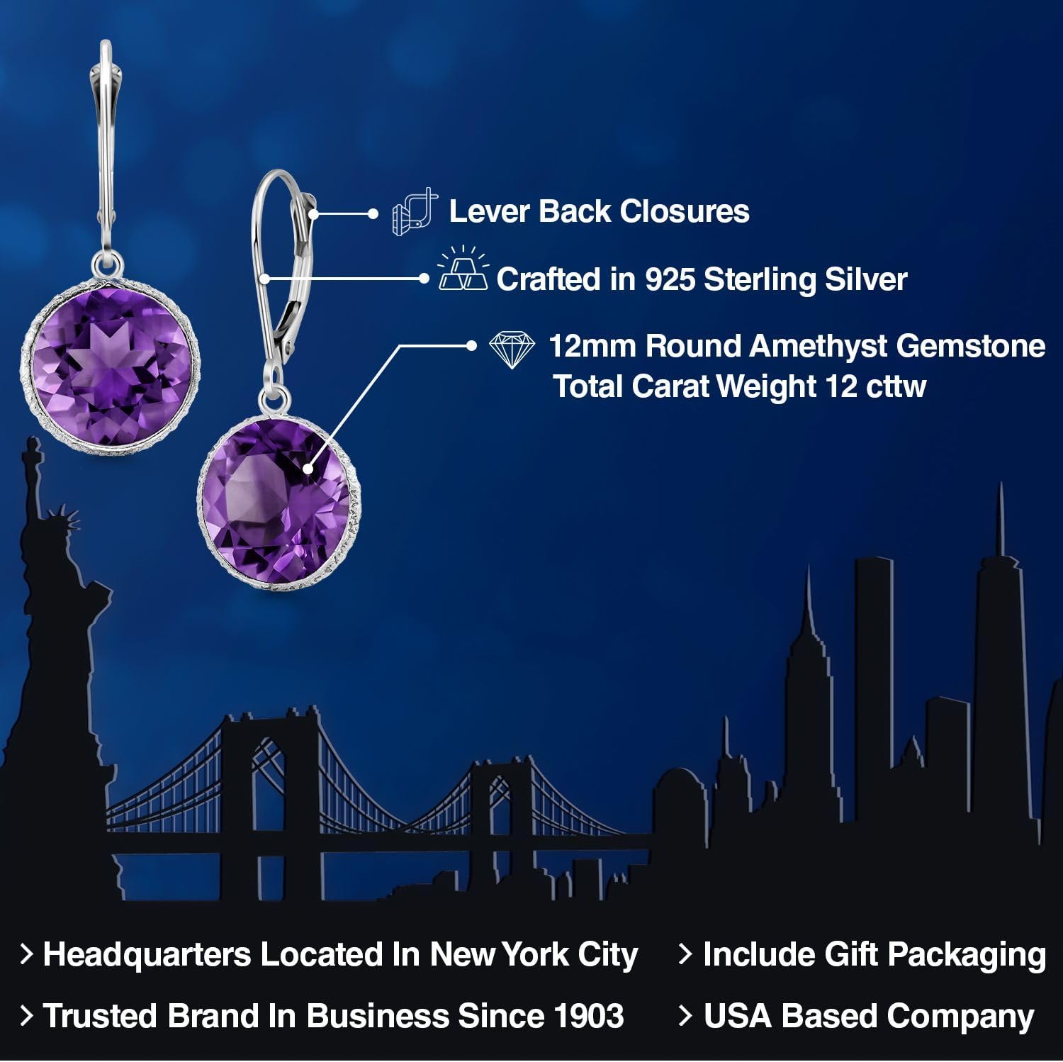 Gem Stone King 12.00 Cttw Round Amethyst 925 Sterling Silver Leverback Dangle Earrings For Women | Gemstone Birthstone | Round 12MM - Image 2