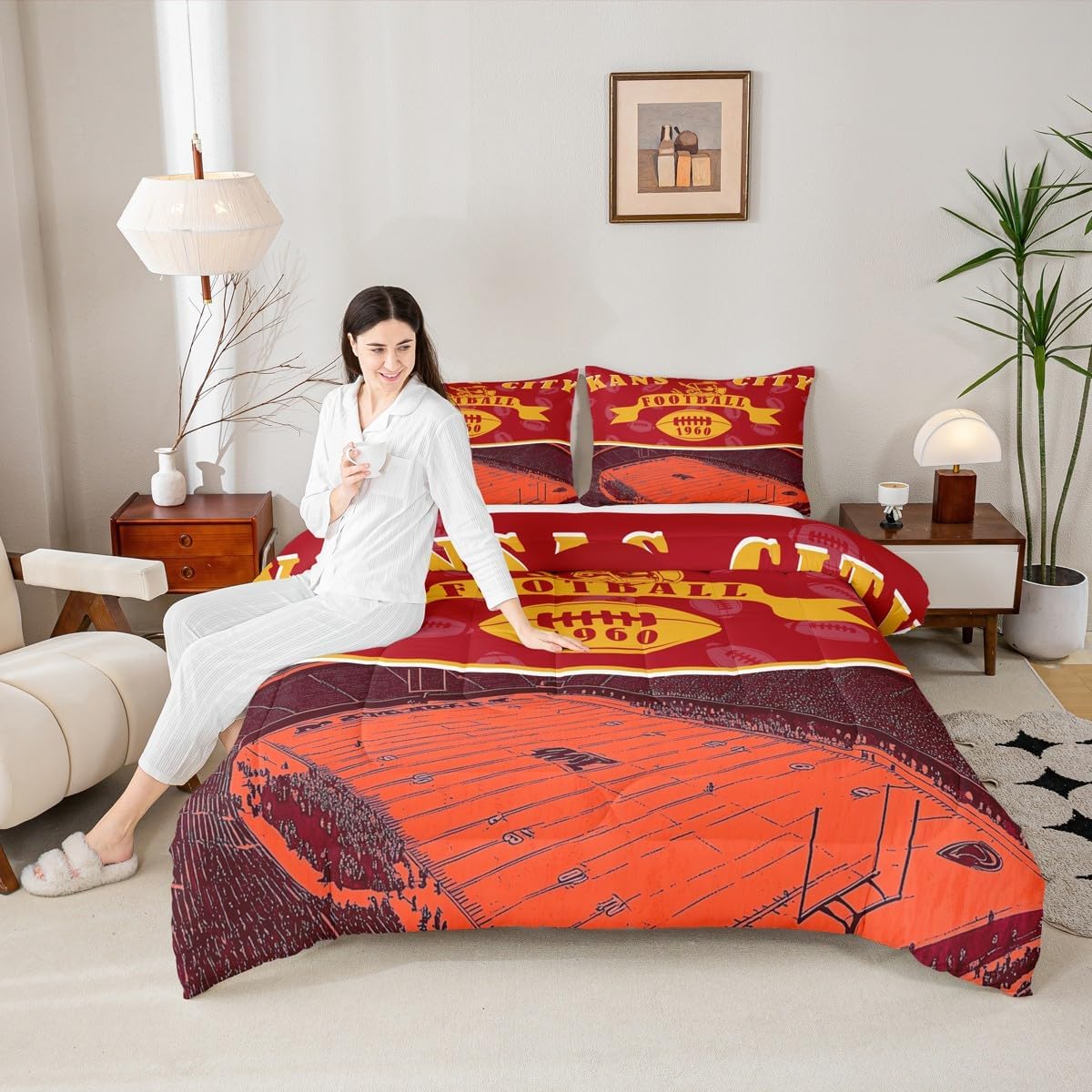 Feelyou Sports Football Bedding Comforter Sets Yellow Red Rugby Helmet Bedding King, Rugby Themed Comforter Set Retro 3D Ball Game Quilt with 2 Pillowcases