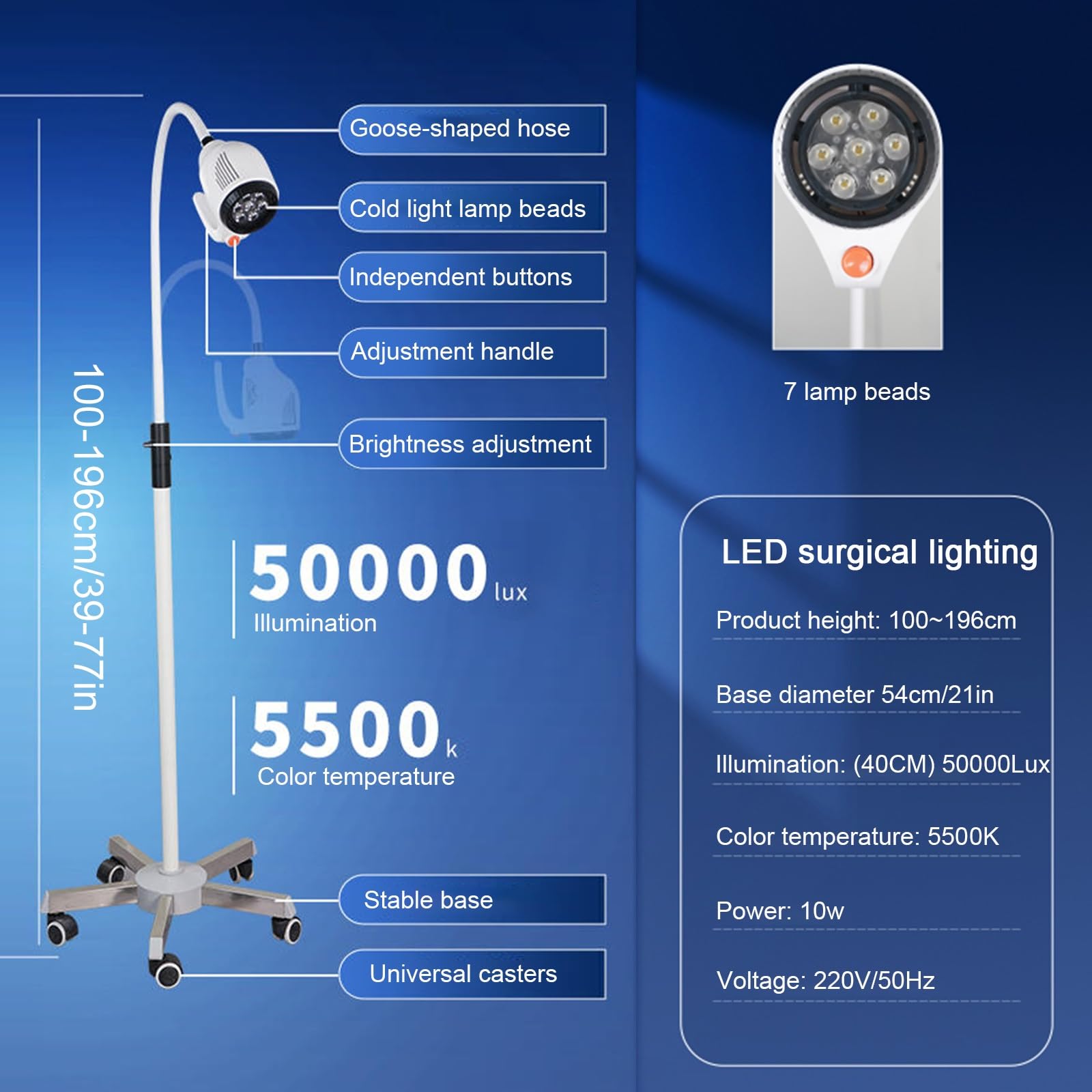 Lampada Per Visita Medica A LED Da 10 W, Lampada Per Esami Chirurgici Con Lampada Flessibile A Collo Di Cigno, Luce A LED Con Base Mobile, 220 V, Altezza Regolabile Da 100 A 196 Cm, Dimmerabile
