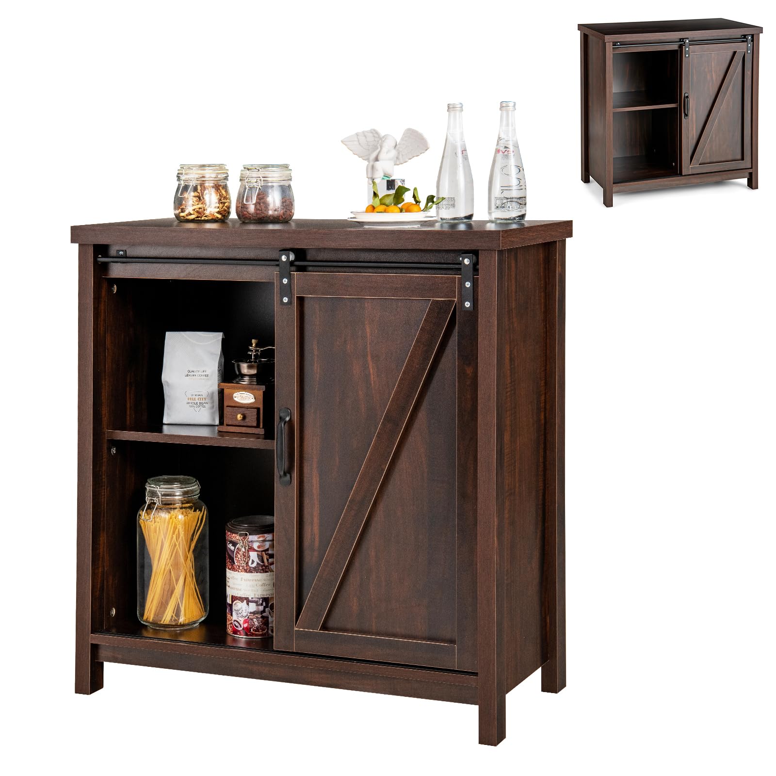 KOMFOTTEU Armario Buffet con 4 Compartimentos, Aparador de Cocina con Puerta Corredera de Granero, Mueble de Almacenamiento para Comedor, Salón, Pasillo, 80 x 40 x 82 cm, Marrón