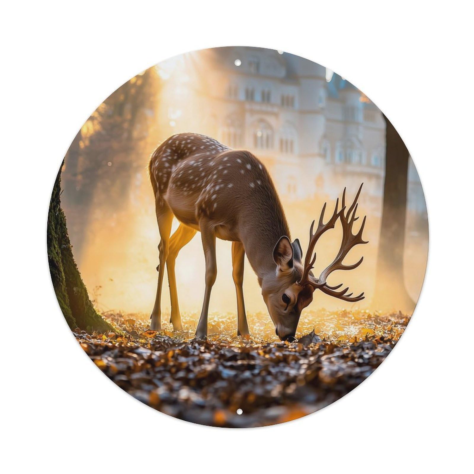 Animal Sika Deer Autumn European Forest Old Castle Vintage Metal Tin Sign Plaque Wall Decor for Cafe, Club Bar, Office, Garden Metal Poster 8x8Inch