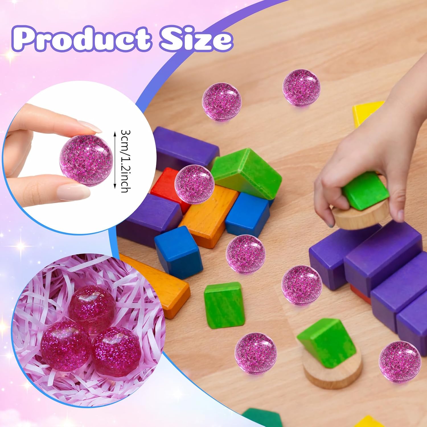 24 Pcs Bouncy Balls 32mm Glitter Rubber Bouncy Balls Bulk for Party Favors, Classroom Prizes and Birthday