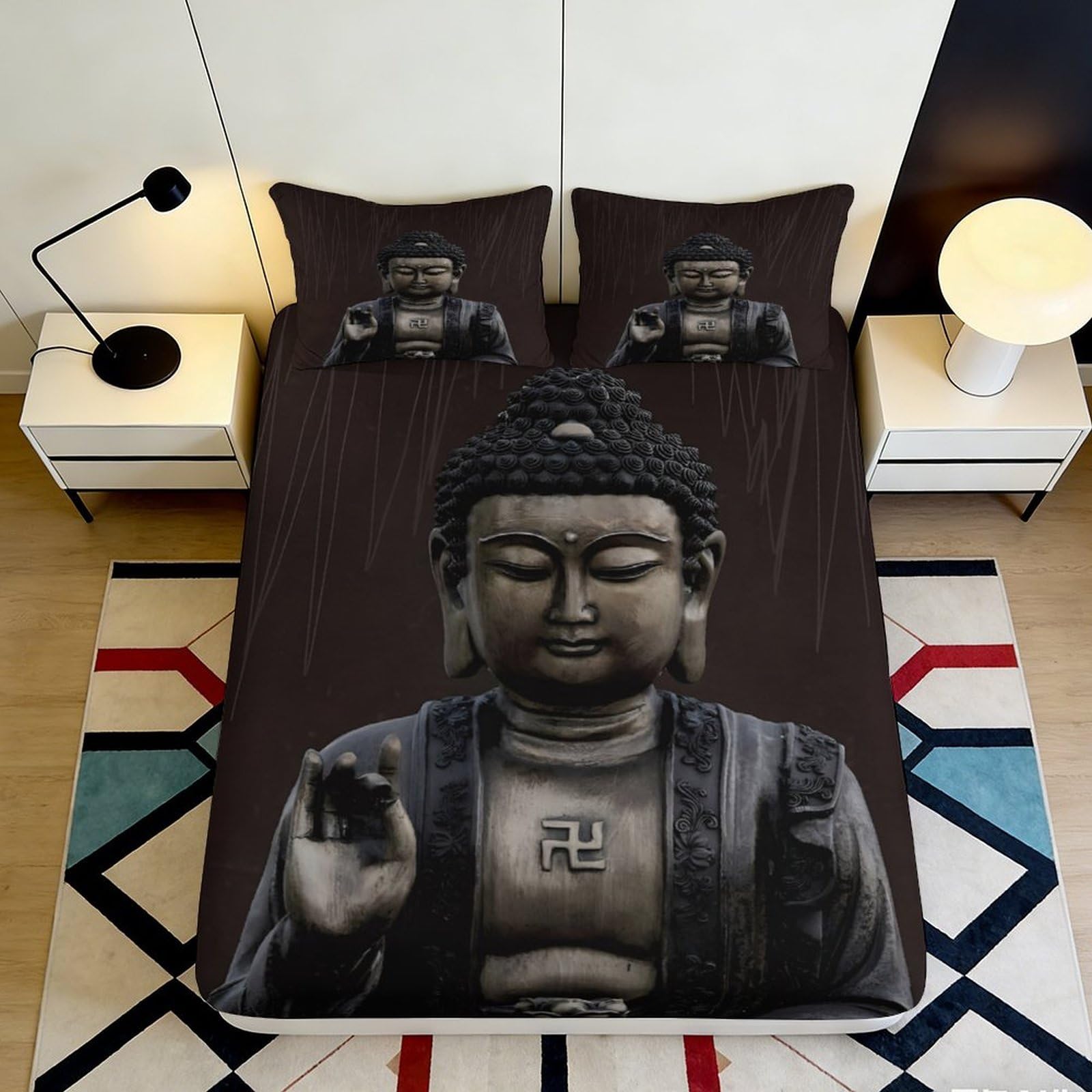 3D Printed Buddha Statue Fitted Sheet Microfiber Dark Art Zen Temple Bed Cover for Bedroom Dorm Decor 90x200x25cm