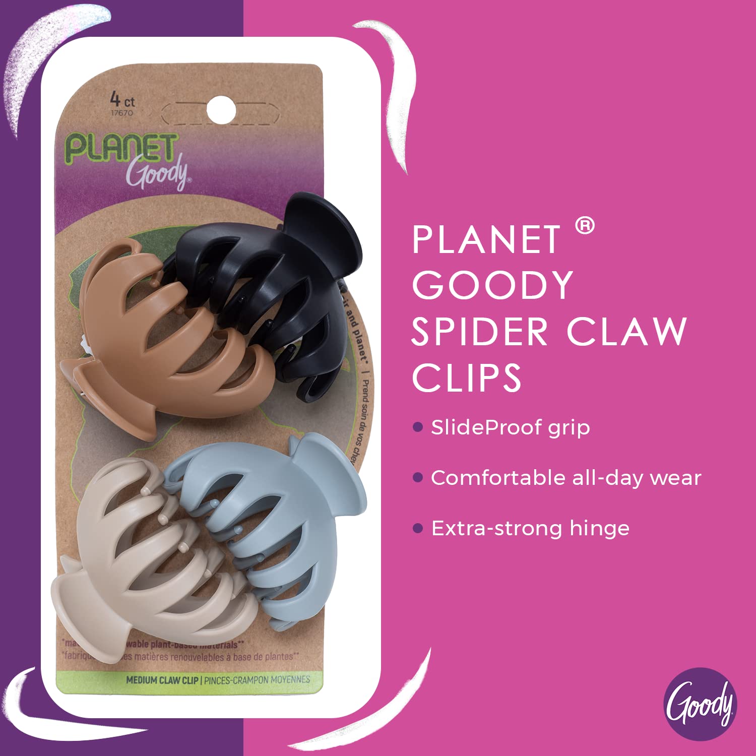 Planet Goody Spider Claw Hair Clip, 4-Count - Assorted Neutral Colors - Medium to Long Hair - Long-lasting & Will Not Slip - Pain-Free Hair Accessories for Women, Men, Boys & Girls - All Hair Types