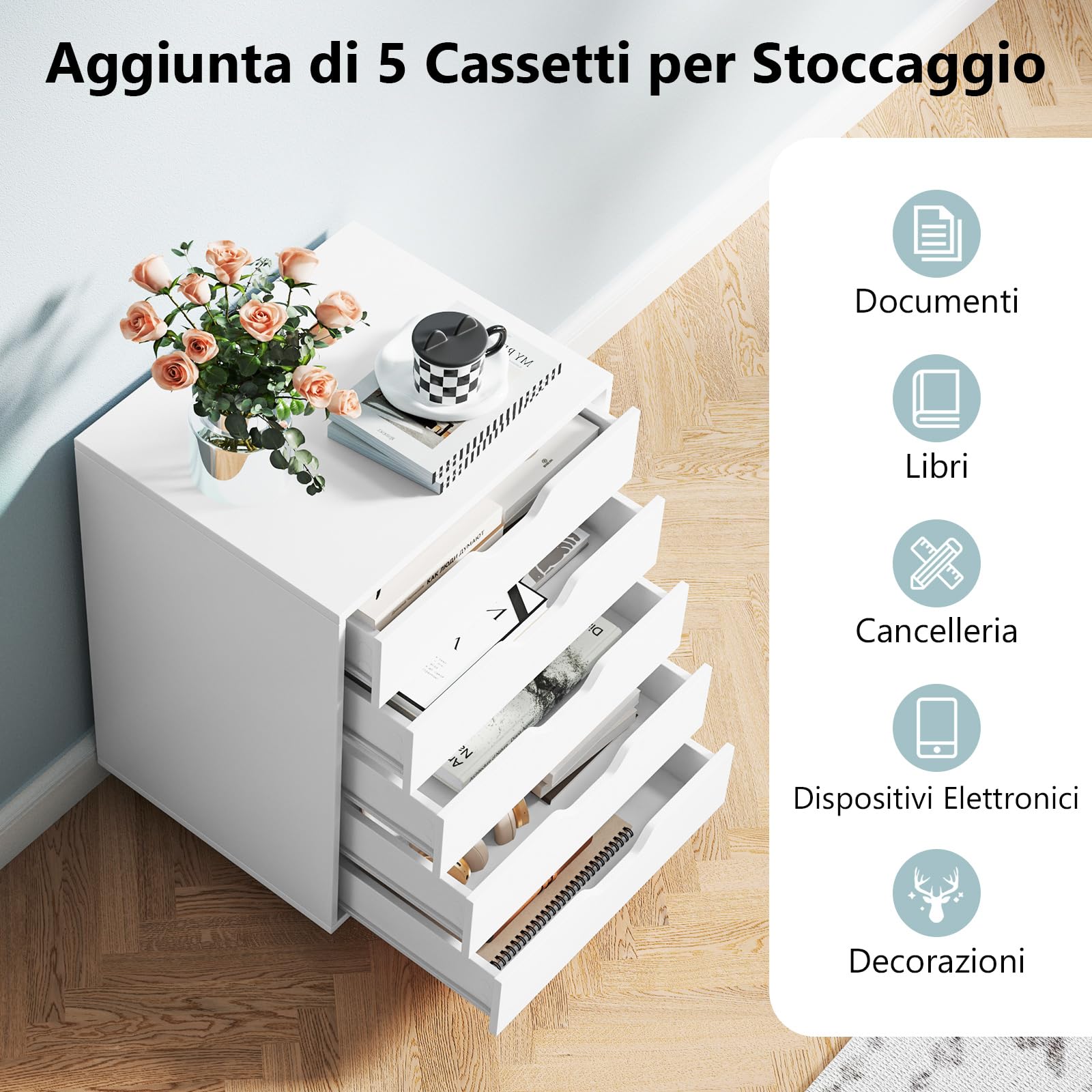 RELAX4LIFE Cassettiera Scrivania Ufficio con 5 Cassetti, Portata 45kg, Mobile Porta Stampante Portadocumenti in Legno da 12mm con Rinforzi, 49x40x64.5cm, per Studio e Camera (Bianco)