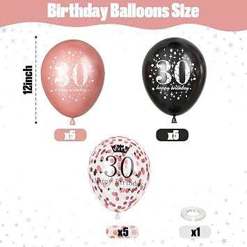 30th Birthday Balloons Rose Gold for Women, Pack of 15 Happy 30th Birthday Party Decorations for Her, Black Rose Gold 30th Balloons for Age 30 Years Old Birthday Celebration Party Decorations Supplies