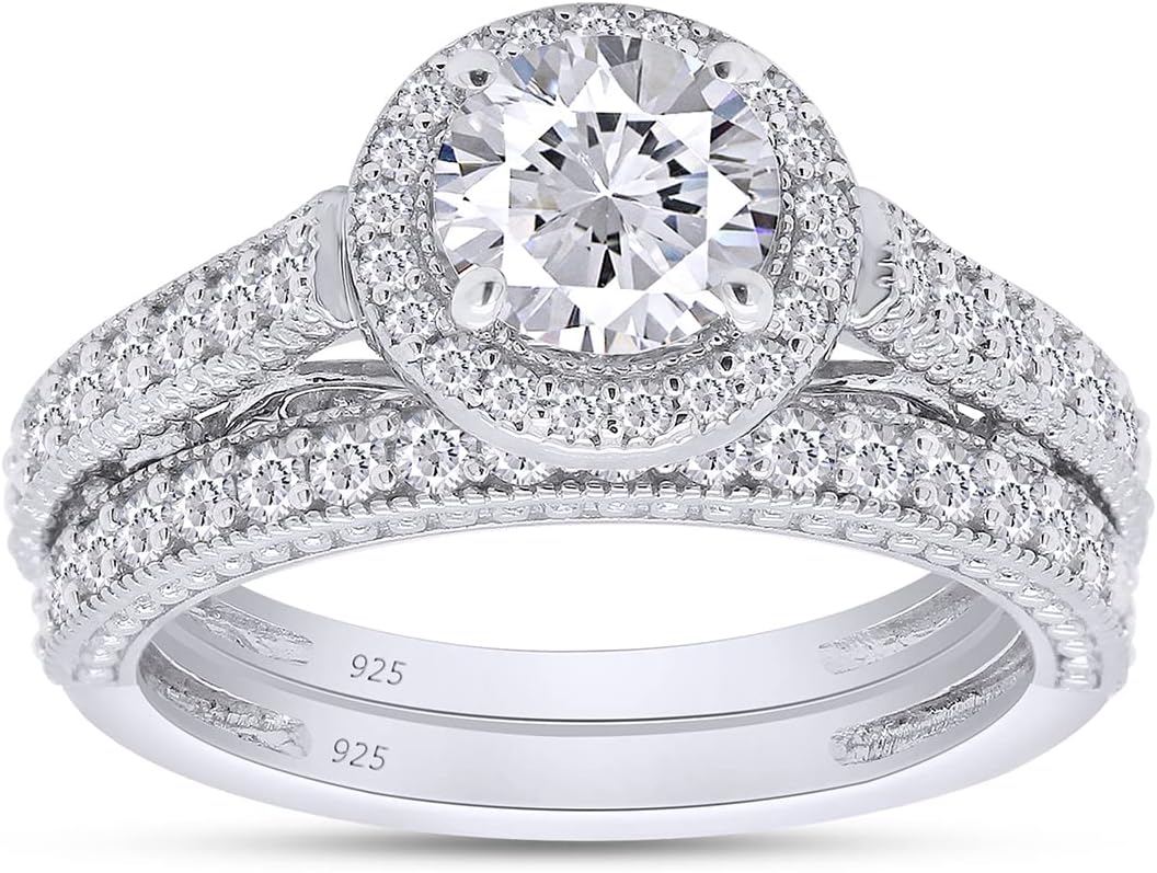 SAVEARTH DIAMONDS 1 1/4 Carat Round Cut Lab Created Moissanite Diamond Halo Bridal Set Engagement Ring In 14k Gold Plated 925 Sterling Silver (G-H Color, 1.25 Cttw)