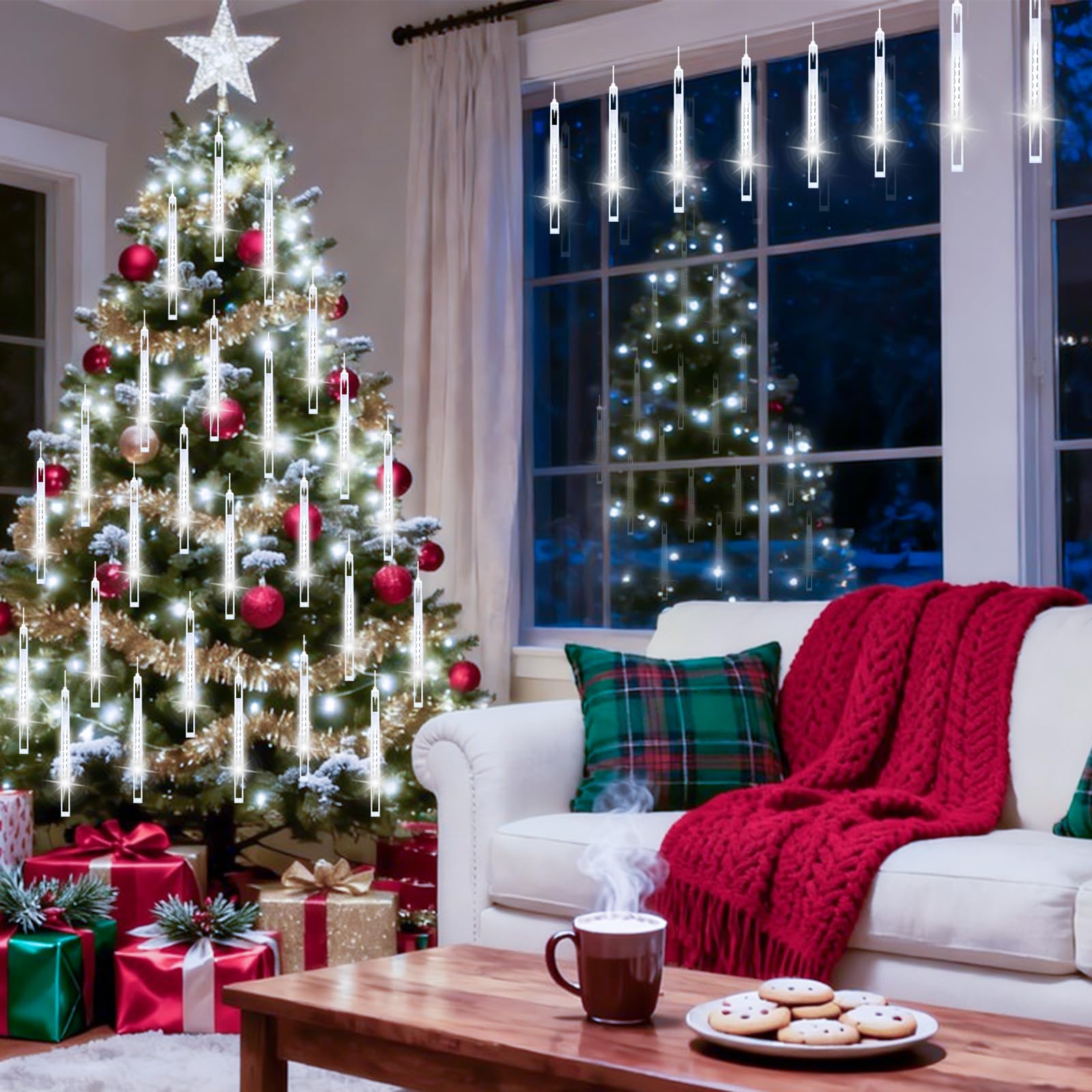 YIQU Weihnachts-Meteorschauerlichter, 2 Stück, 8 Röhren, Meteor-Lichter, LED, fallende Lichter, geeignet für Weihnachten, Urlaub, Party, Zuhause, Terrasse, Outdoor-Dekoration (kaltweiß)