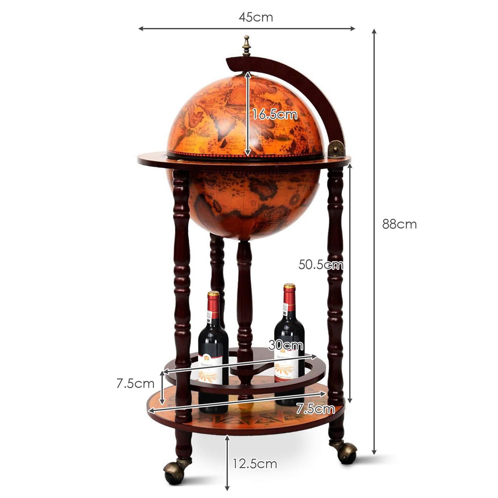 COSTWAY Globus Bar, Globusbar aus Eukalyptus, Weltkugel Barwagen mit Rollen, Retro Hausbar Minibar für Weingläser & Weinflaschen (Braun)