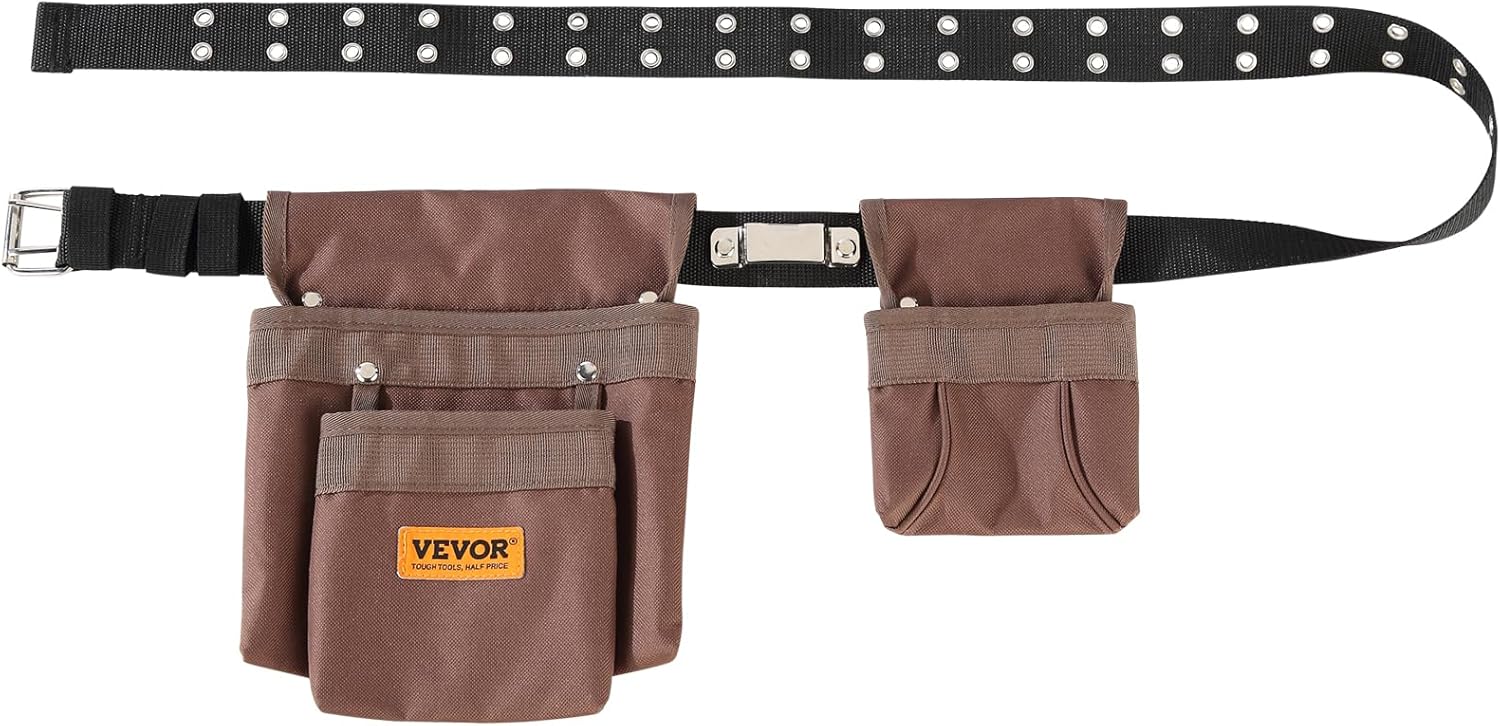 VEVOR Tool Belt, Adjusts from 29 Inches to 54 Inches, Polyester Heavy Duty Tool Pouch Bag, Detachable Tool Bag for Electrician, Carpenter, Handyman, Woodworker, Construction, Framer, Brown