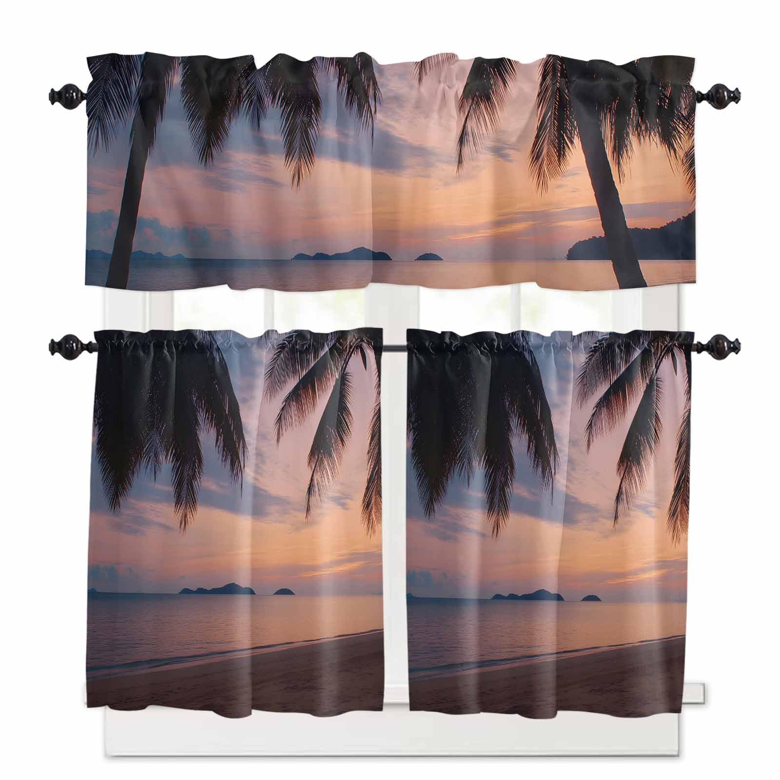 Sunset Summer Kitchen Curtains 36 Inch Length, 3 Piece Rod Pocket Small Half Tiers and Valance Set, Seasides Palm Tree Leaves Scene Small Large Window Treatment Decor for Bedroom/Bathroom Sink