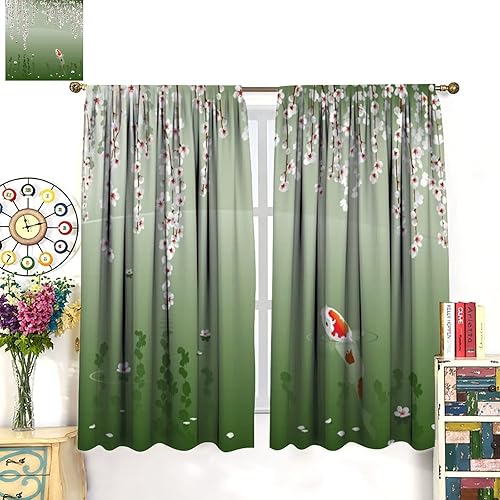 Miniatura 3 de Koi - Cortina japonesa Koi Lake Reflection colgante de flor de cerezo flotante patrón de hojas impresas, cortina de decoración de cocina, cortina