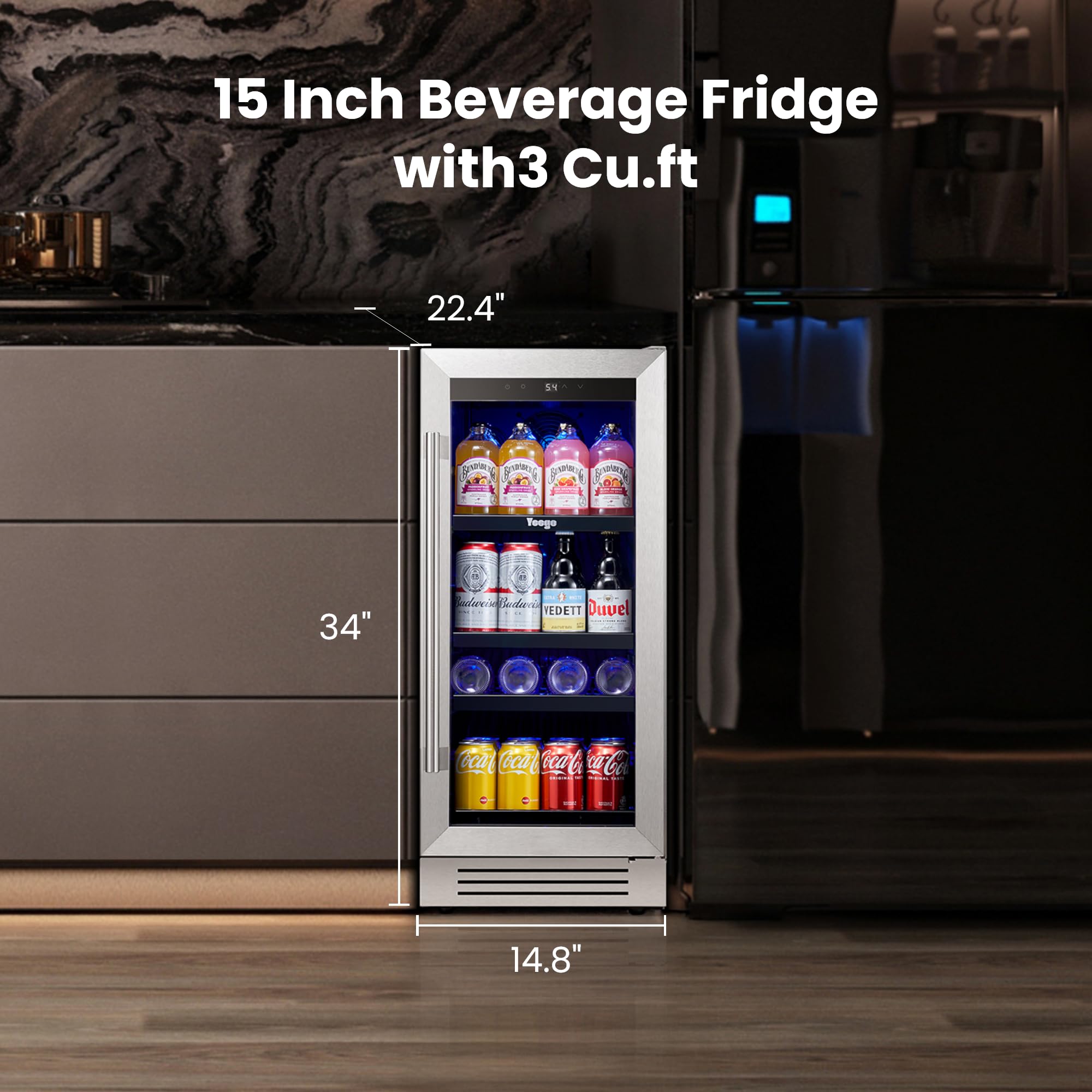 YEEGO Beverage Refrigerator Cooler - 15 Inch 100 Cans Mini Fridge With Glass Door, 34-54 ℉ Drink Cooler, Built-In Or Freestanding For Wine Beer Soda Bar Office Home Dorm on Fridge.com - View 6