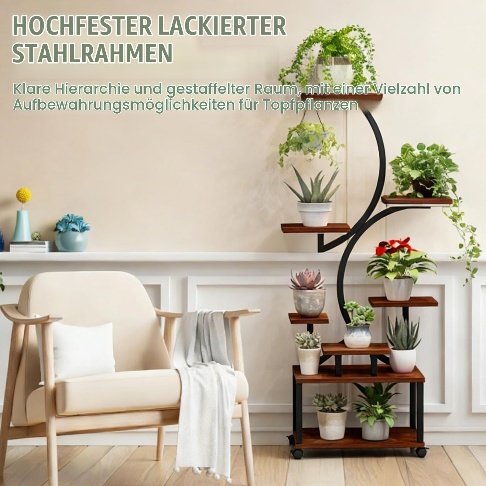 Pflanzenständer mit Wachstumslicht und 4 Rollen, 8 Etagen 159cm Höhe Pflanzenregal Indoor, Blumenständer , Metall-Holz Pflanzenregal für Innen & Außen - Mobiles Blumenregal für Balkon, Büro,Wohnzimmer