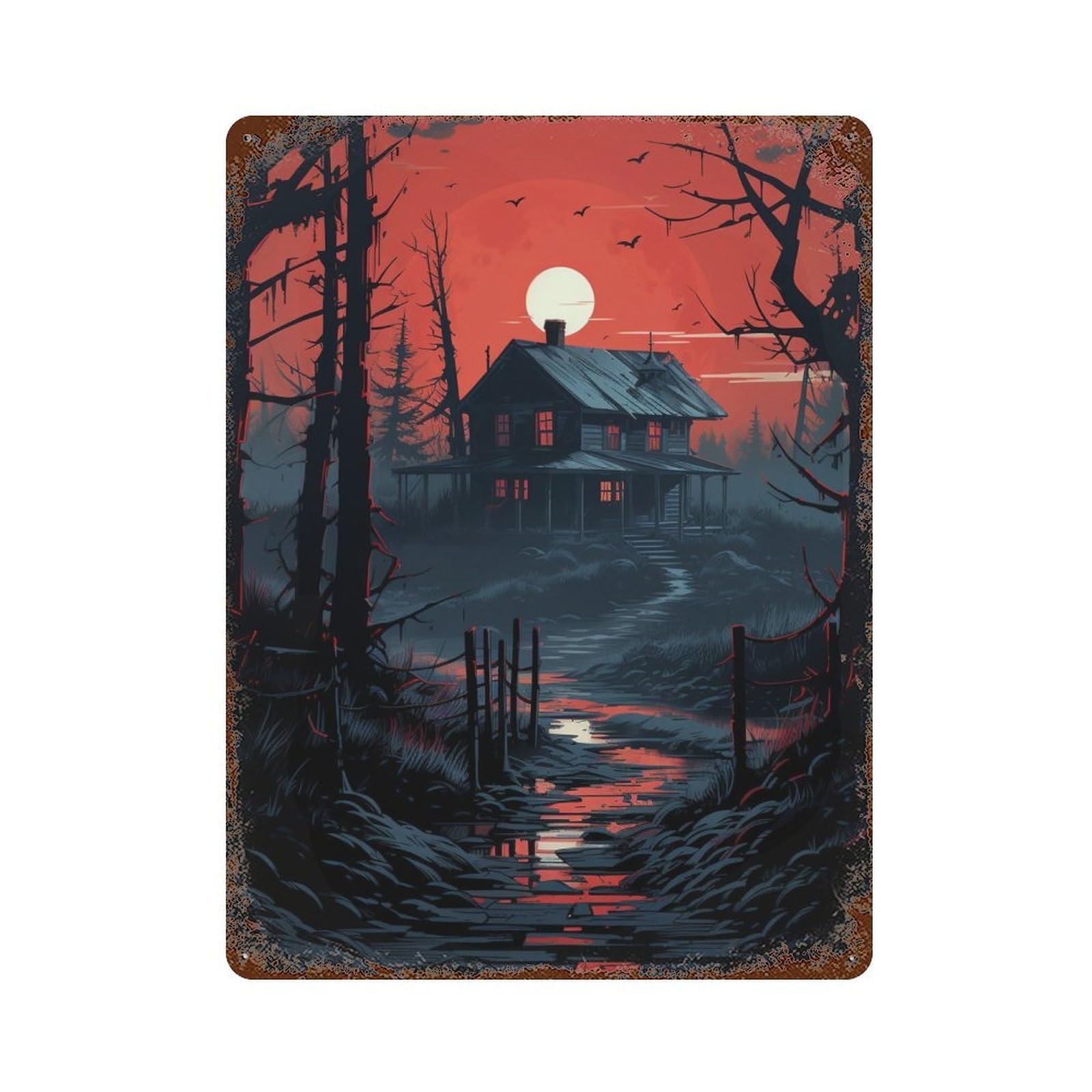 Haunting Sunset Cabin Scene Rustic Tin Plaque 15.7"x11.8", Classic Wall Plaque for Garage, Pub Or Kitchen